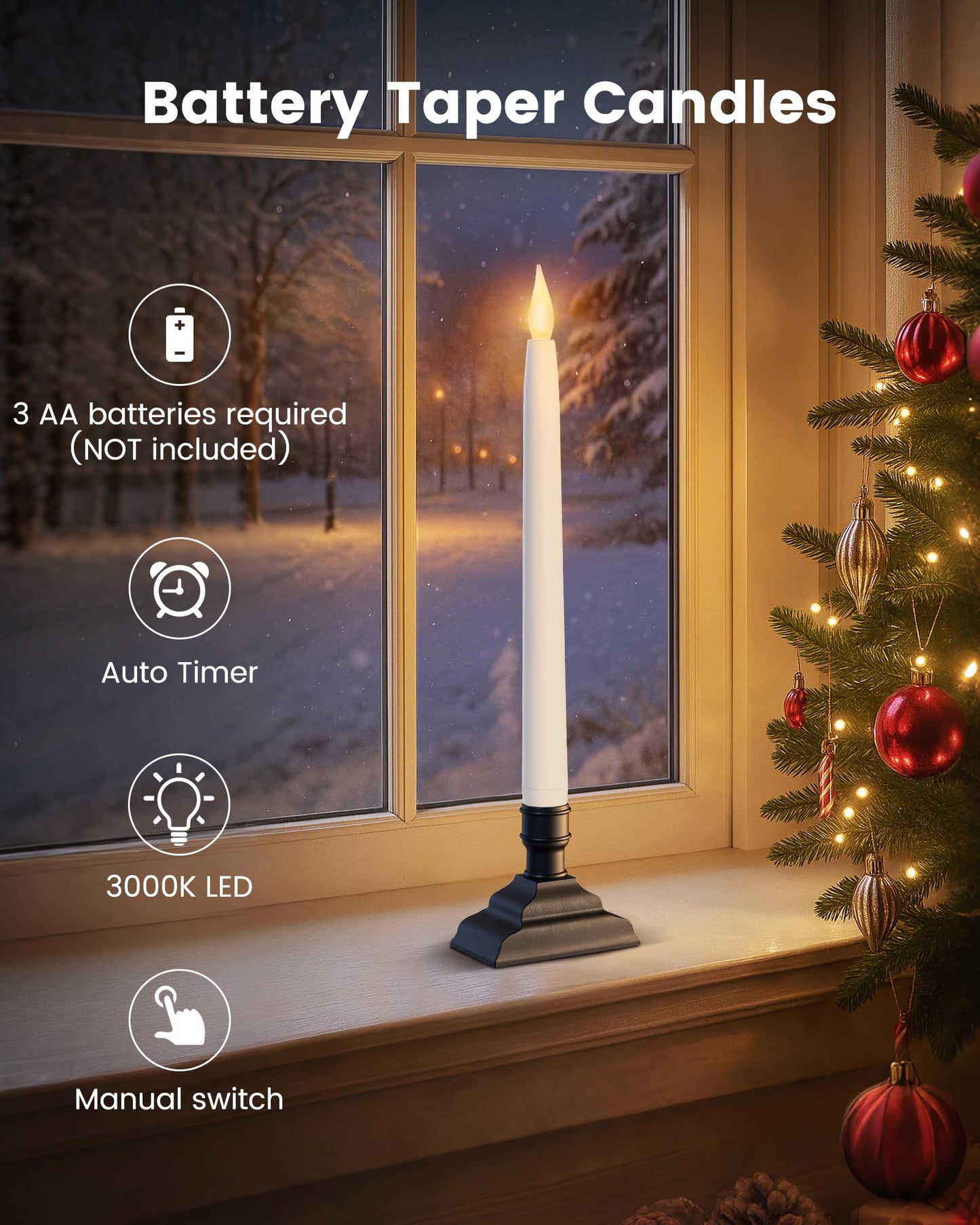 SURAIELEC 10.5'' Battery Window Taper Candles with Timer, 3000K Warm White, Flameless LED Candle for Christmas Window, Mantel, Dining Table, Matt Black, 4 Pack (Rechargeable Batteries Not Compatible)