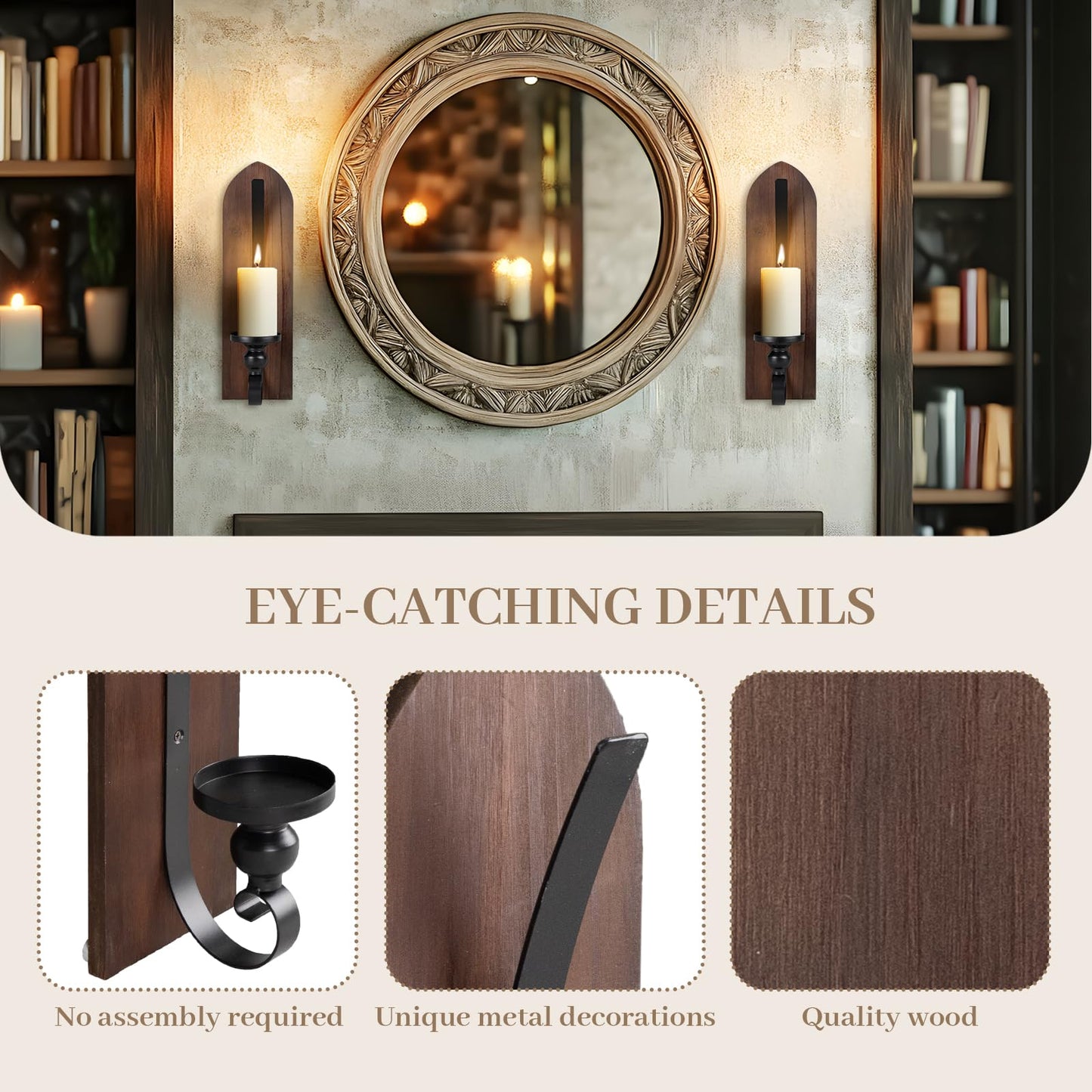 Wall Candle Sconces Set of Two, Brown Wall Mounted Metal and Wooden Wall Candle Holders, Farmhouse Candle Sconces for Bedroom, Fireplace, Brwon
