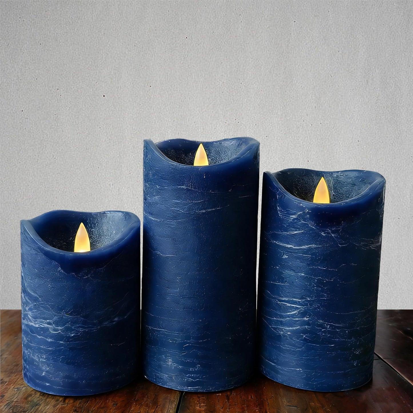 EZiKitchen Real Wax Flameless Candles Set of 3 (D 3" x H 4" 5" 6") Battery Operated LED Candle with Timer Home Decorative Pillar Flickering Lights,Wedding Party Events Decor,Navy Blue