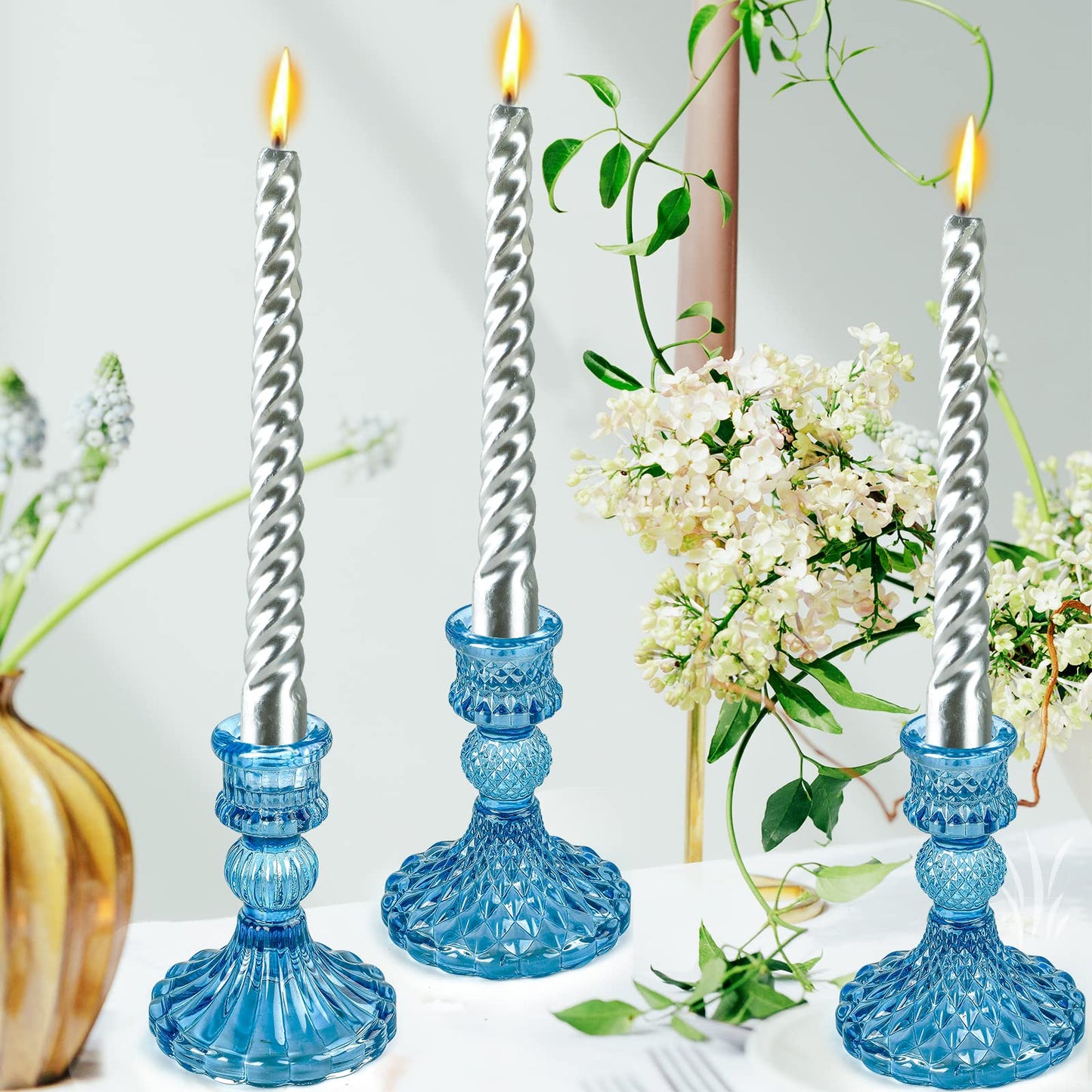 Blue Glass Candlestick Holders,Set of 8 Include Taper Candle Holders and Stripe Candle Holders,Two Style for Formal Events, Wedding, Festival,Church, Party & Festival Decoration