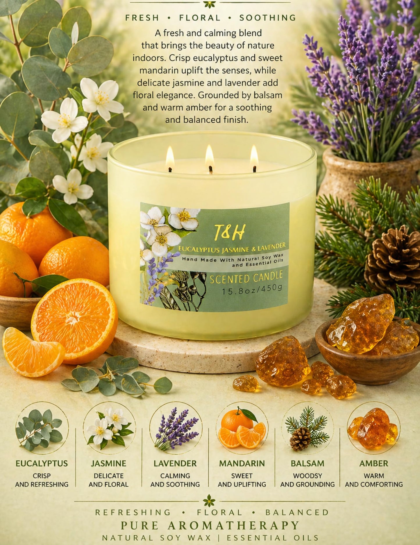 Eucalyptus Jasmine Lavender Scented Candle | 3 Wick Large Soy Candle for Home 15.8oz | Relaxing Aromatherapy Spa Candle | Strong Scent, Long Lasting, Clean Burn | Stress Relief Gift for Women & Men