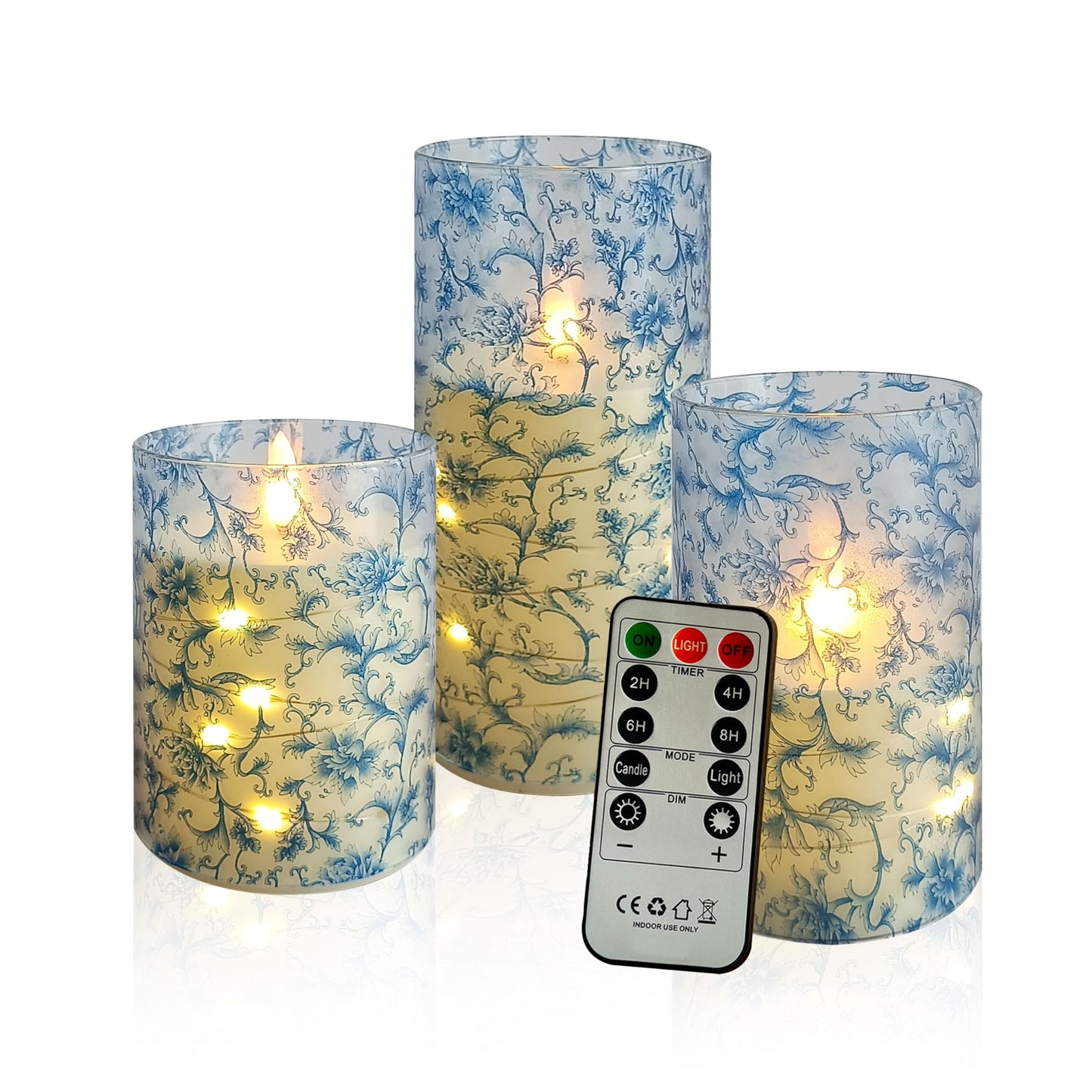 Flickering Flameless Candles Blue Floral Print, Embedded Star String Lights, Battery Operated Acrylic LED Pillar Candles with 11-Key Remote and Timer for Home Decoration, 3 Pack