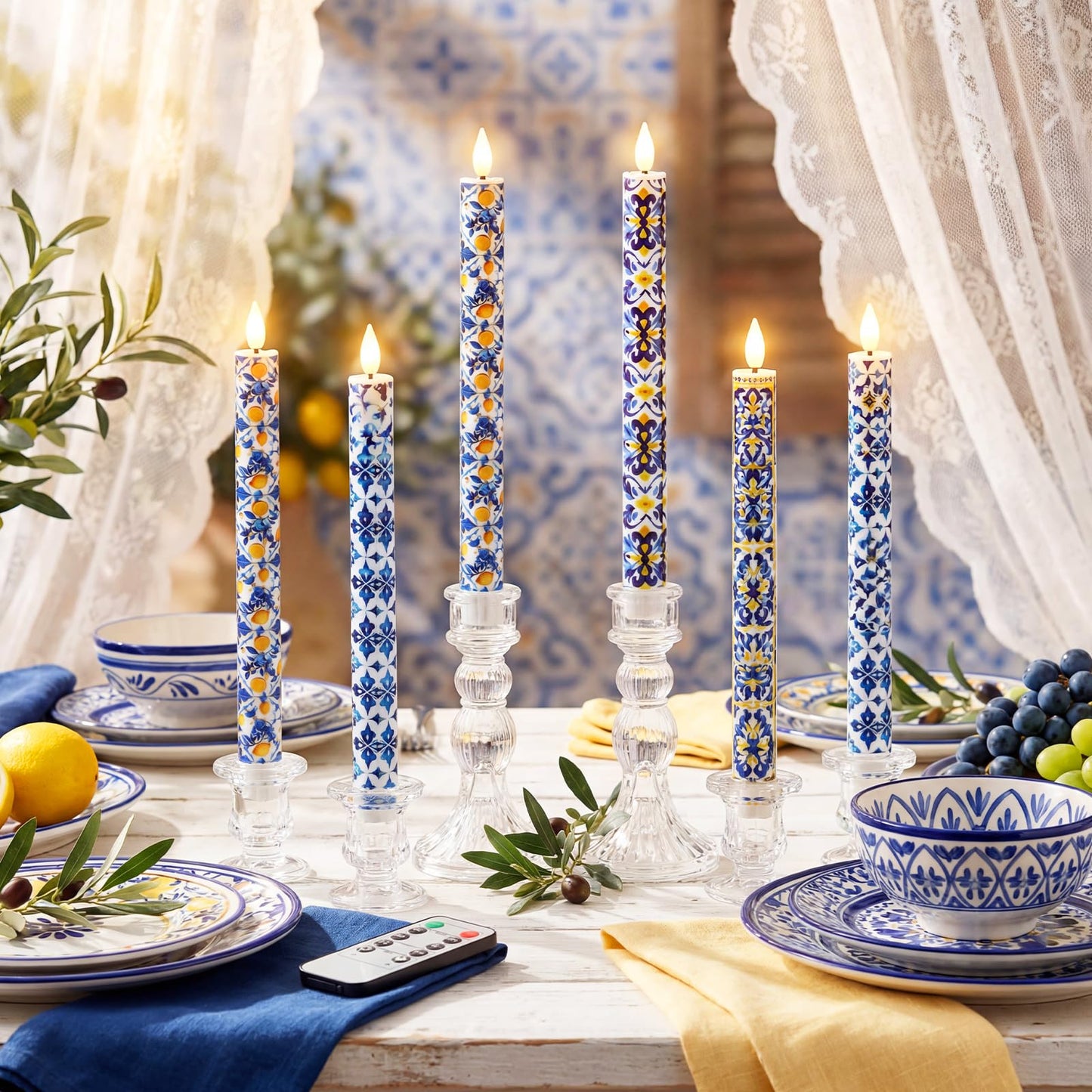 Lyrow 6 Pcs Flameless Taper Candles with Hydrangea Gingham 11 Inch Real Wax LED Candles Flickering Battery Operated Candlesticks for Wedding Anniversary Summer Gifts