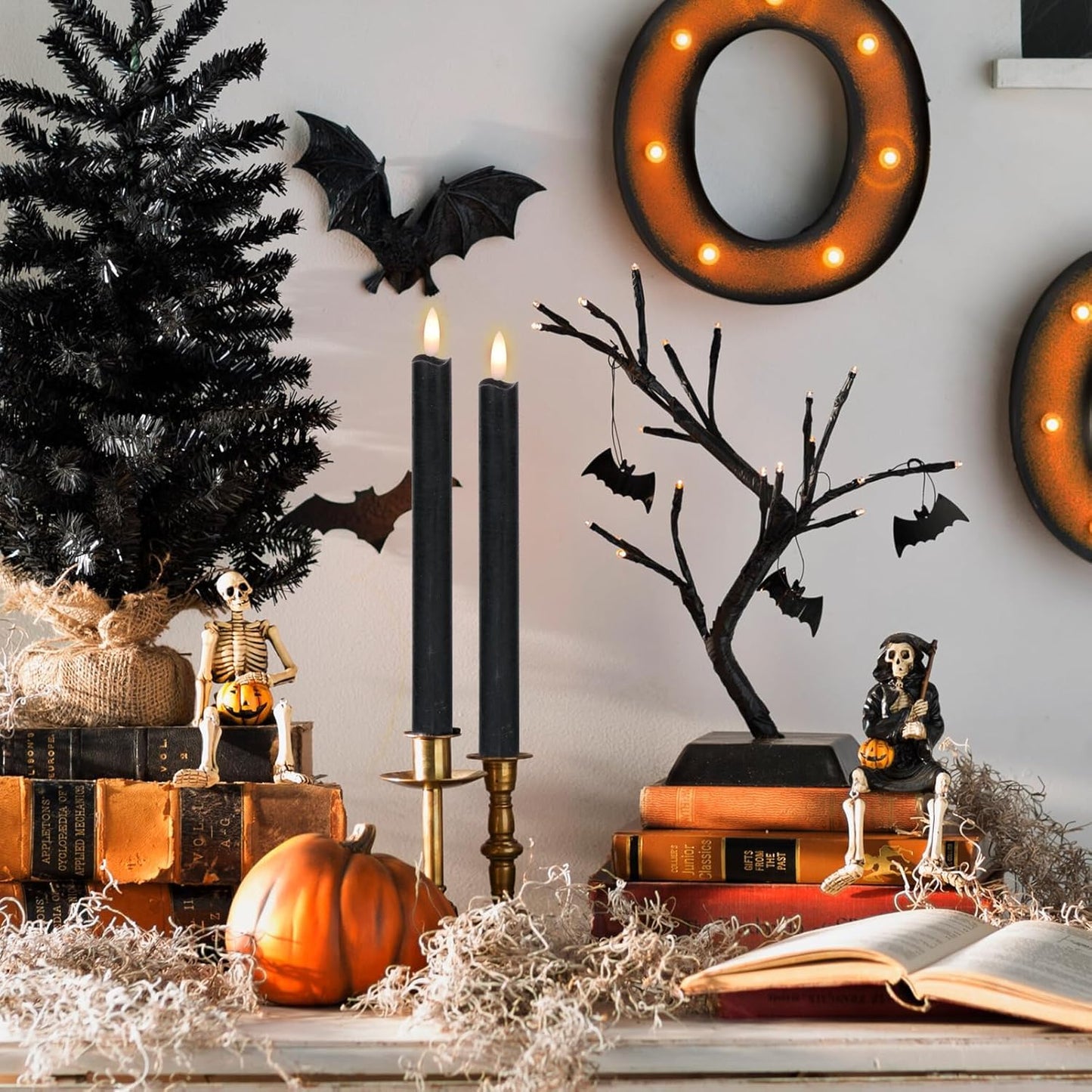 GenSwin Black Flameless Taper Candles with Remote, Halloween Flameless Candles Battery Operated, LED Halloween Candlesticks with 3D Wick for Home Decor(Set of 3, 0.78” x 9.6”)
