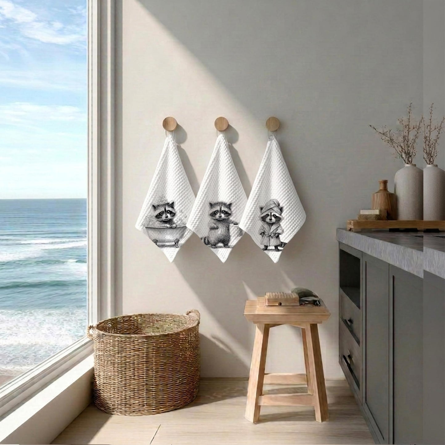 AEREYGBJYJ Funny Racoon Bathroom Hand Towels, Raccoon Bathroom Decor, Black and White Trash Panda Wild Animal Decorative Hand Towels for Kids Bathroom Washroom Restroom, 16x24 inch Set of 3