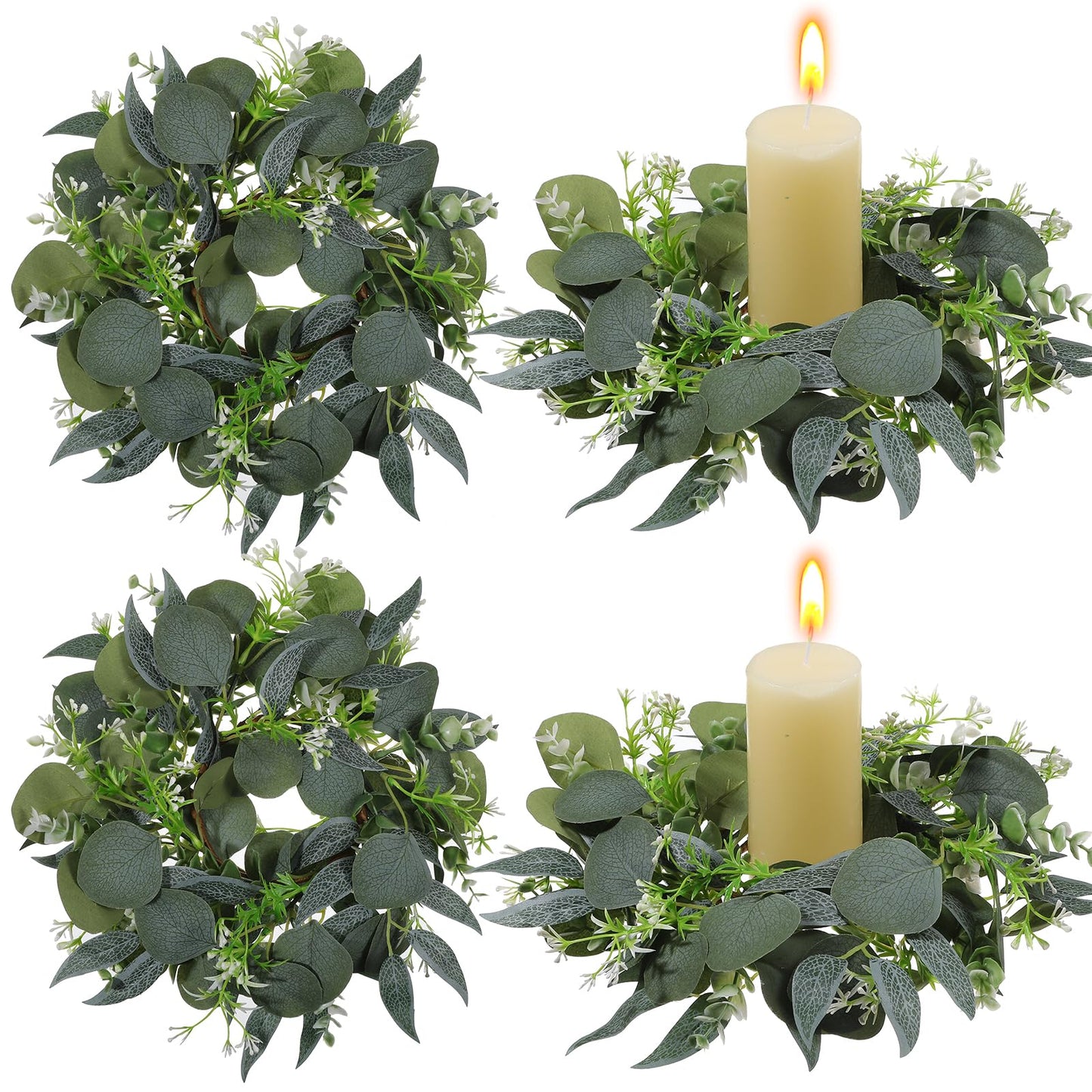 4 Pcs Eucalyptus Candle Rings Wreaths 4 Inch Center Mini Artificial Green Floral Leaves Wreaths Pillar Holder Centerpiece for Wedding Party Home Door Window Wall Farmhouse Decoration
