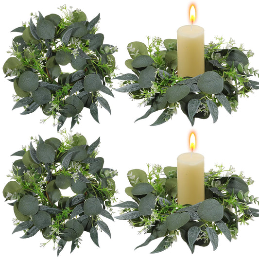 4 Pcs Eucalyptus Candle Rings Wreaths 4 Inch Center Mini Artificial Green Floral Leaves Wreaths Pillar Holder Centerpiece for Wedding Party Home Door Window Wall Farmhouse Decoration