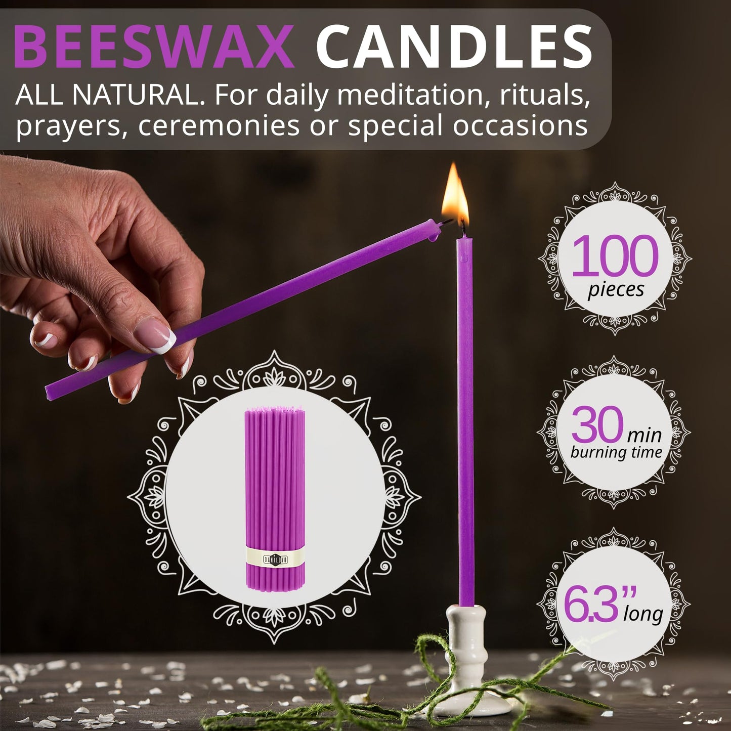 Danilovo Thin Taper Beeswax Candles - No-Drip, Smoke-Less, Tall, Decorative, Honey Scented Candles Ideal for Church Prayer, Rituals, Decor or Birthday – 6.3”x0.2” (Purple, 100pcs)