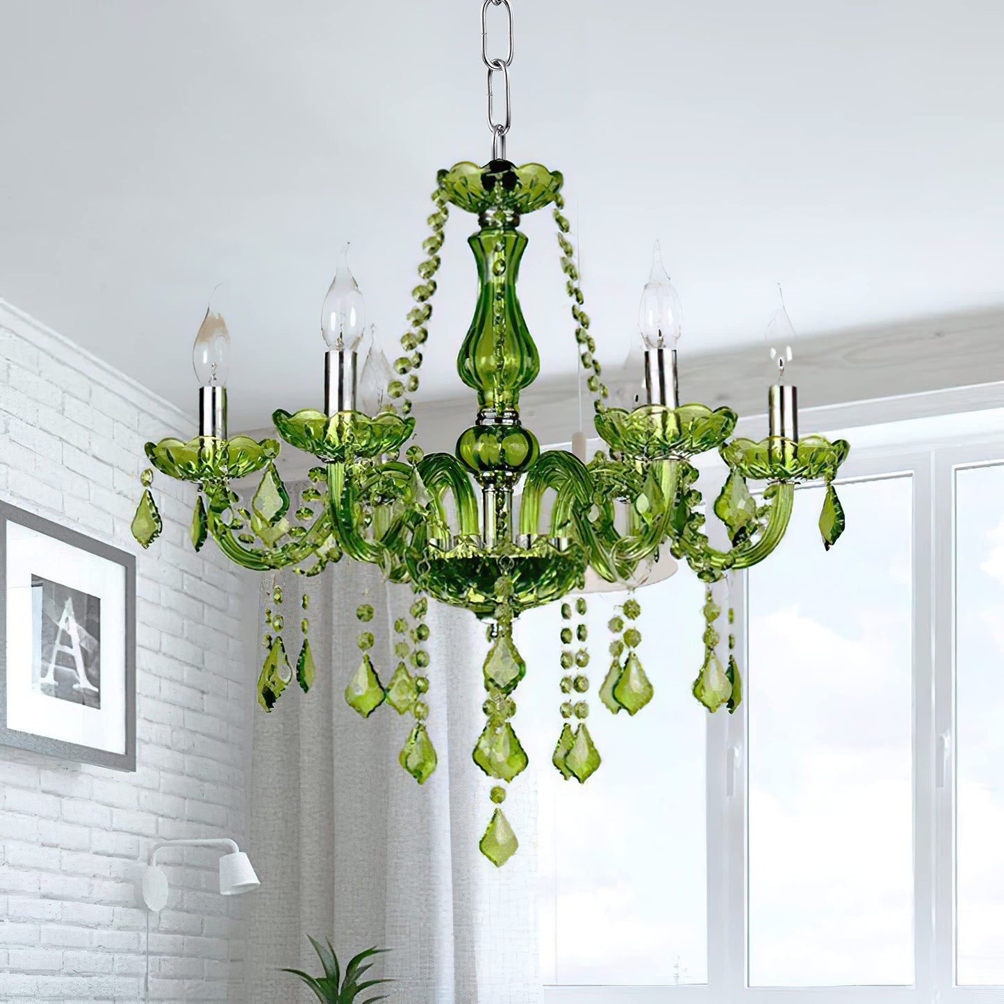 Green K9 Crystal Candle Chandeliers Lighting Modern Pendant Lights Ceiling Fixture Lamp for Dining Living Room Bedroom Hallway Entry Elegant Decoration 6 Lights E12 Base, H20.5 x W23.6 Inch (Upgraded)