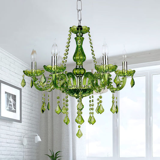 Green K9 Crystal Candle Chandeliers Lighting Modern Pendant Lights Ceiling Fixture Lamp for Dining Living Room Bedroom Hallway Entry Elegant Decoration 6 Lights E12 Base, H20.5 x W23.6 Inch (Upgraded)