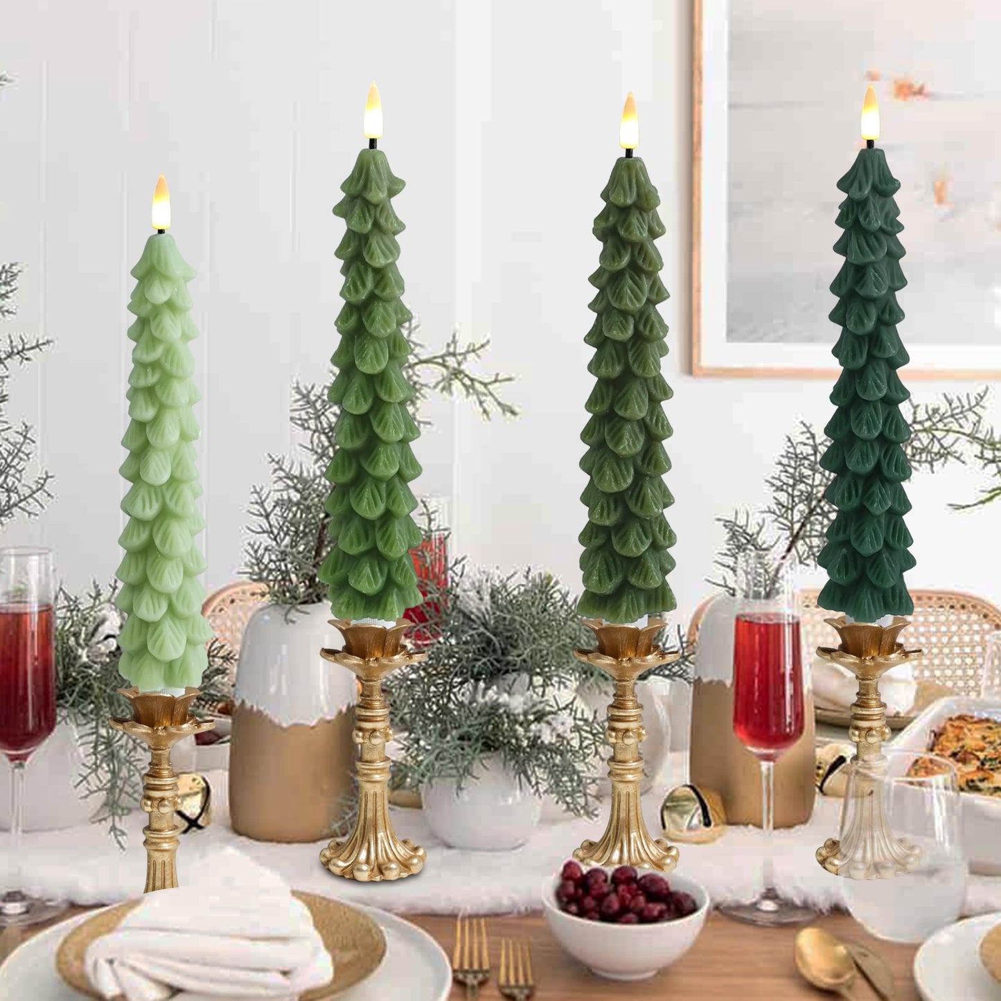FCMSHAMD Gradient Green Christmas Trees Flickering Flameless Candles with Remote and Timer, Real Wax 3D Flame Wick LED Candles, 9.8 Inch Battery Operated Candles for Christmas Home Decoration，4PCS