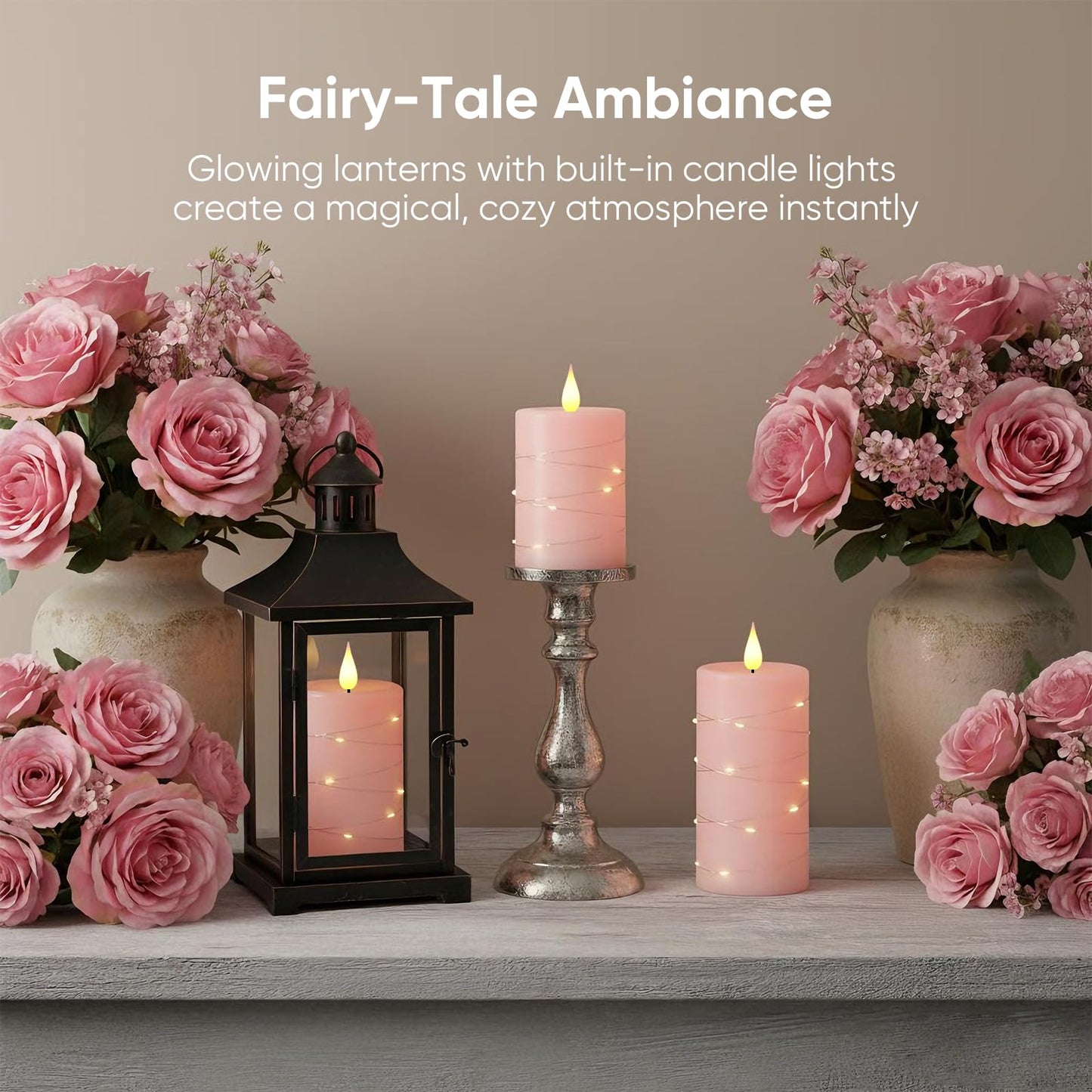 Amagic Flameless Candles with Embedded String Lights, 11-Key Remote & Timer, 3D Wick Real Wax Battery Operated Flickering Led Pillar Candles for Home, Lantern Decor, Set of 3, Pink