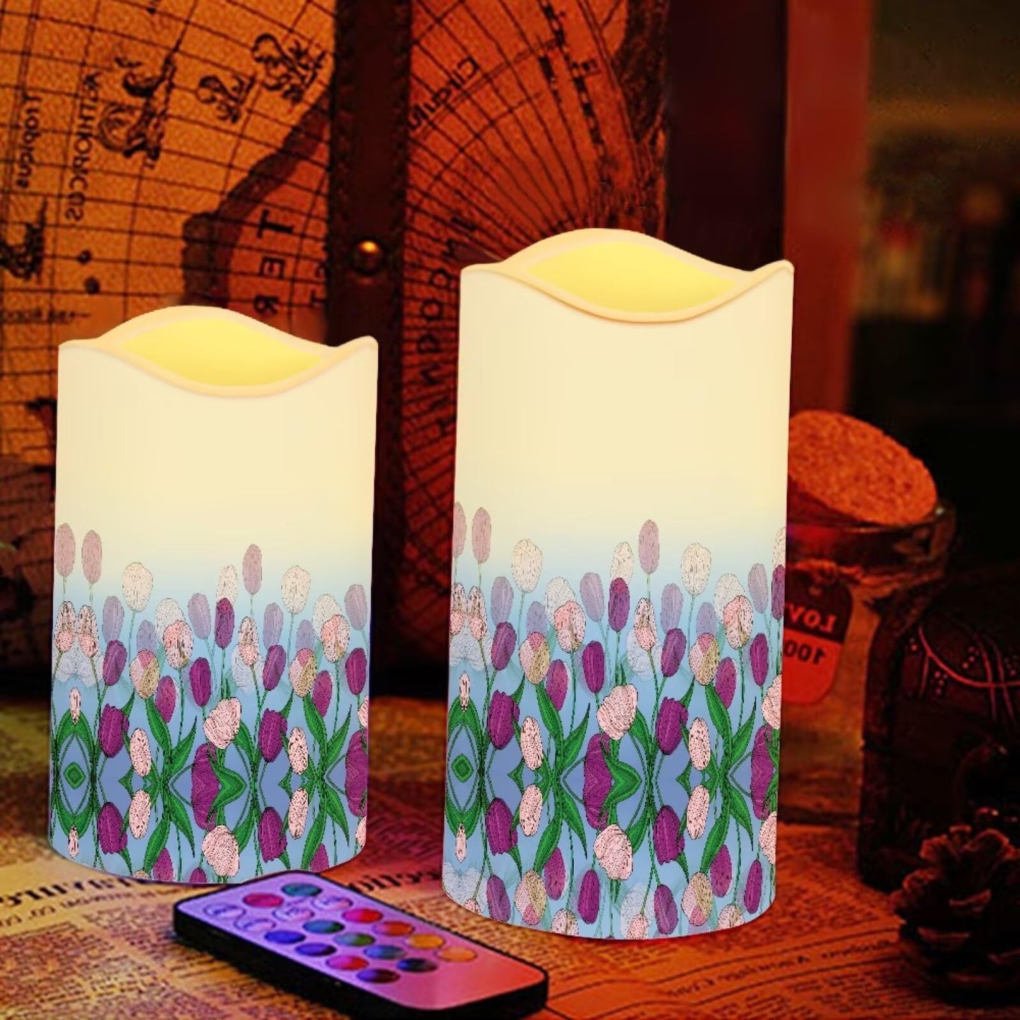 Ystardream Purple Tulips Flameless Candles with Timer Led Candles Flickering 4 Candle Sets for Home Decor,18 Key Remote Control，Dancing Flame, True Wax, Battery Power