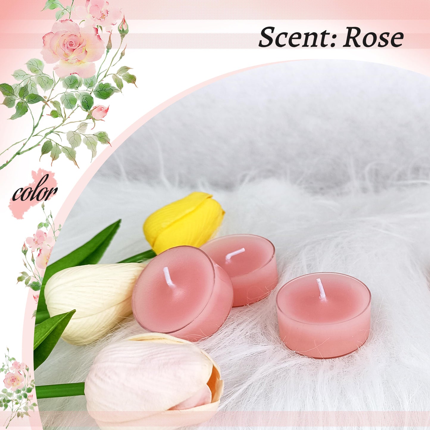 FCMSHAMD Rose Scented Tealight Candles, 24 Pack Pink Tea Lights, 6 Hour Burn Time, Modern Floral Theme, Dripless & Smokeless