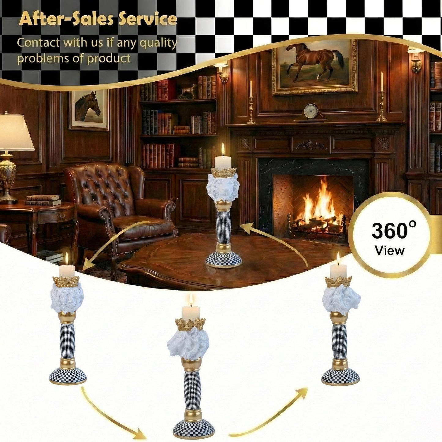 Crowned Animal Candlestick Holder Black & White Checkerboard Taper Candle Holder with Gold Accents Eclectic Resin Statue for Modern Home Decor, Table Centerpiece