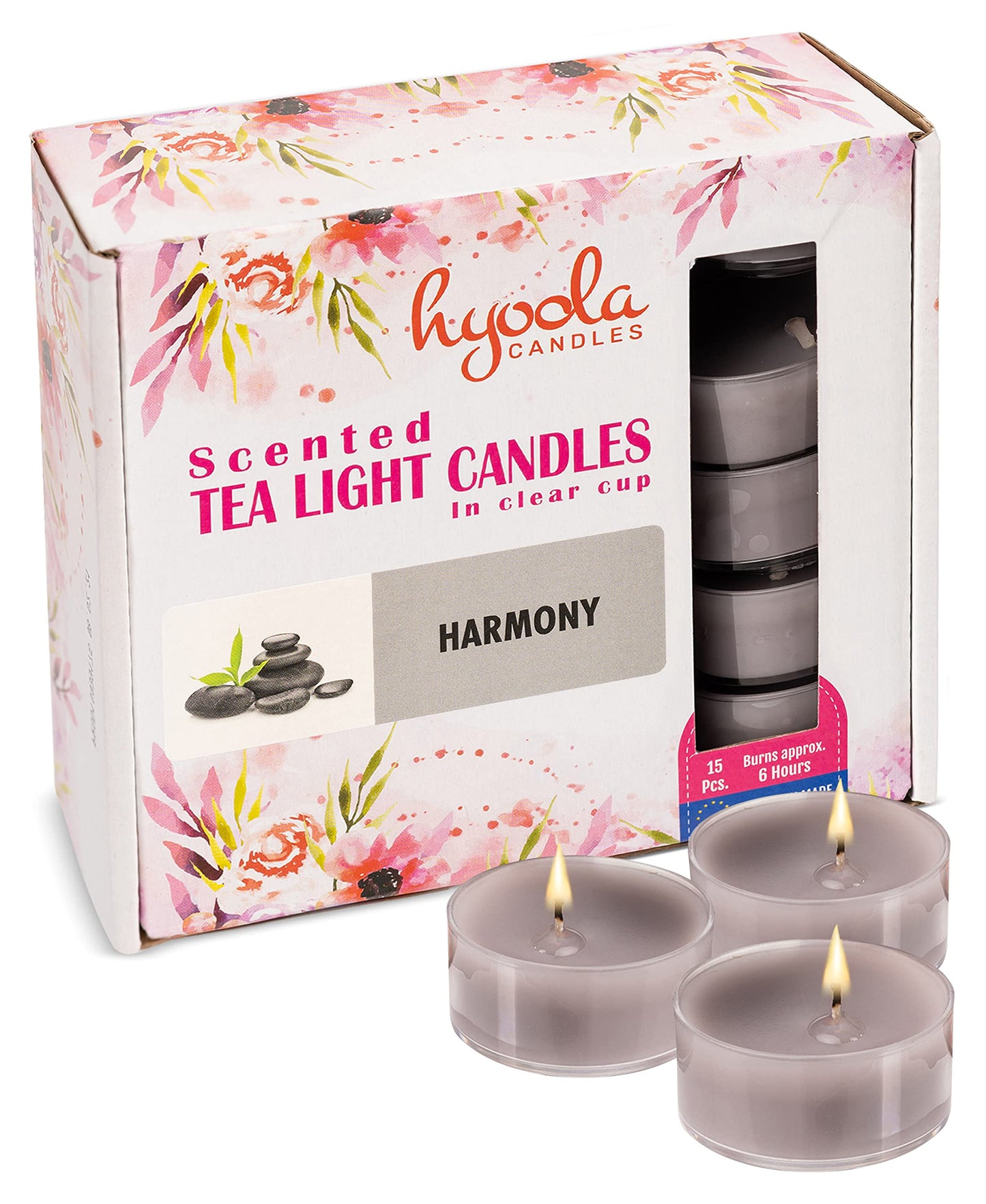 HYOOLA Scented Tealight Candles - Clear Cup - Harmony Tealight Candles Scented - 6 Hour Burn Time - 15 Pack - European Made