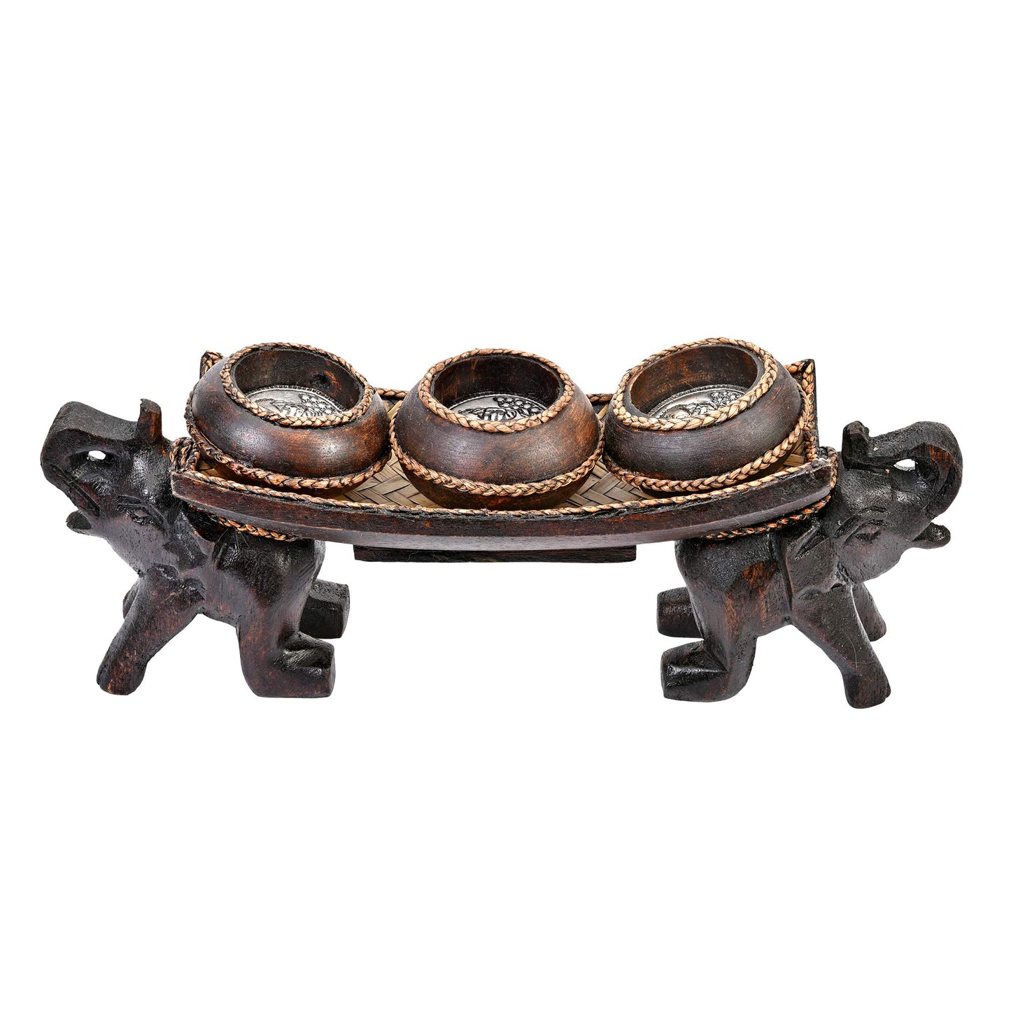 AeraVida Twin Elephant Rain Tree Wood Candle Holder with Three Vases, Hand Carved Safari Animal Centerpiece Home Decor