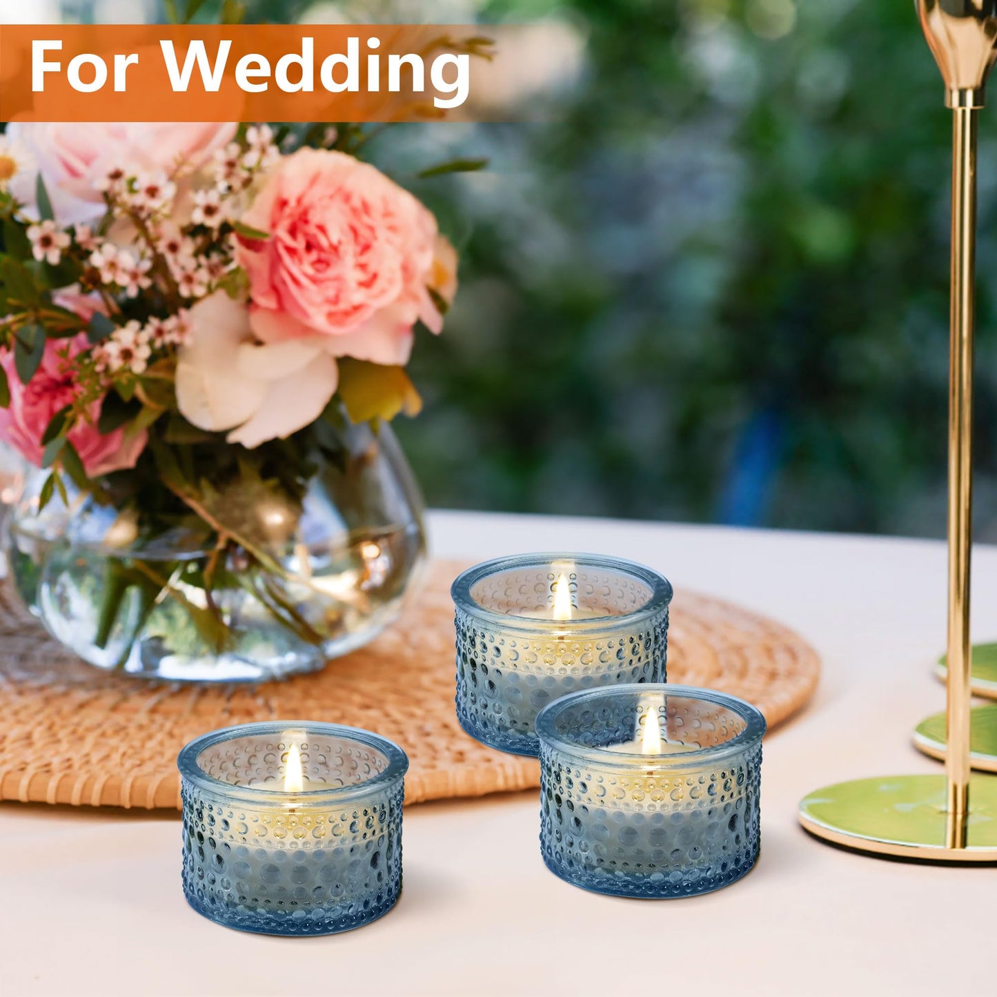 JOYIT Blue Votive Candle Holders Bulk Set of 12, Tealight Candle Holder for Wedding Table Centerpiece, Glass Small Candle Holders for Birthday Party, Valentine's Day, Home Decor (2''X 1.4'')
