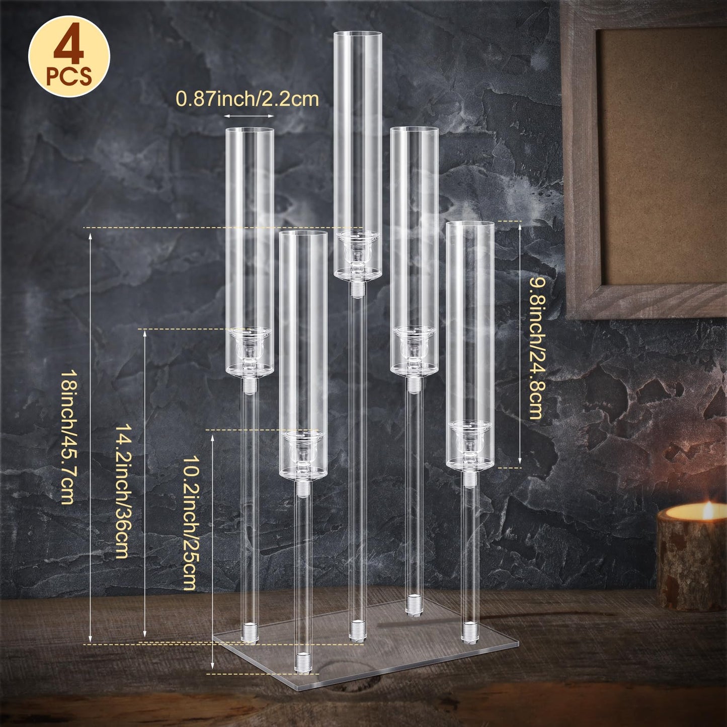 Hushee 4 Set 5 Arms Acrylic Candelabras Centerpieces with 20 Pcs LED Candles Clear Candle Holder Crystal Taper Candlestick with Rectangular Base for Dinner Party Table Fireplace Wedding Decoration