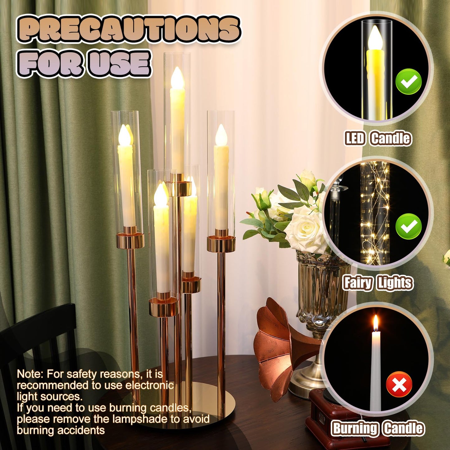 Tandefio 4 Set Gold Candelabra Centerpieces for Tables, 26.8 Inch 5 Arm Candle Holders with LED Candles and Acrylic Cylinders, Tall Acrylic Wedding Table Centerpieces for Reception Dinner Party Decor