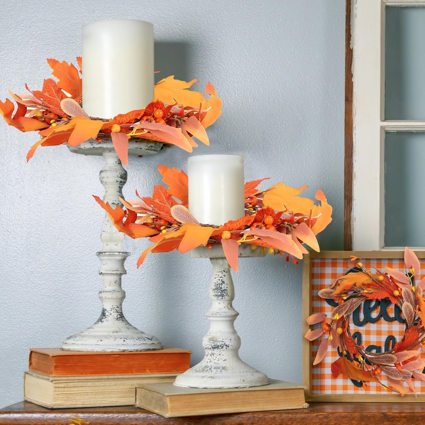 6 Pcs Mini Fall Wreaths Thanksgiving Table Centerpieces Fall Candle Rings 9 Inch Maple Leaf Wreaths for Cabinets Farmhouse Autumn Wreath for Front Door Porch Wall Window Decorations