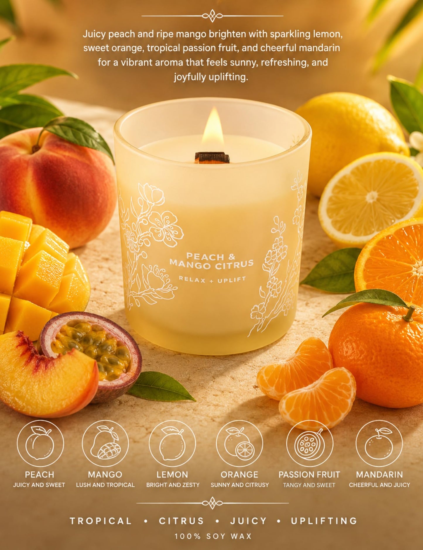 Peach Mango Citrus Candle, 10.6oz Wood Wick Soy Scented Candles for Home, Juicy Tropical Scent, Highly Scented Aromatherapy Relaxation Candle, Summer Gift for Women & Men