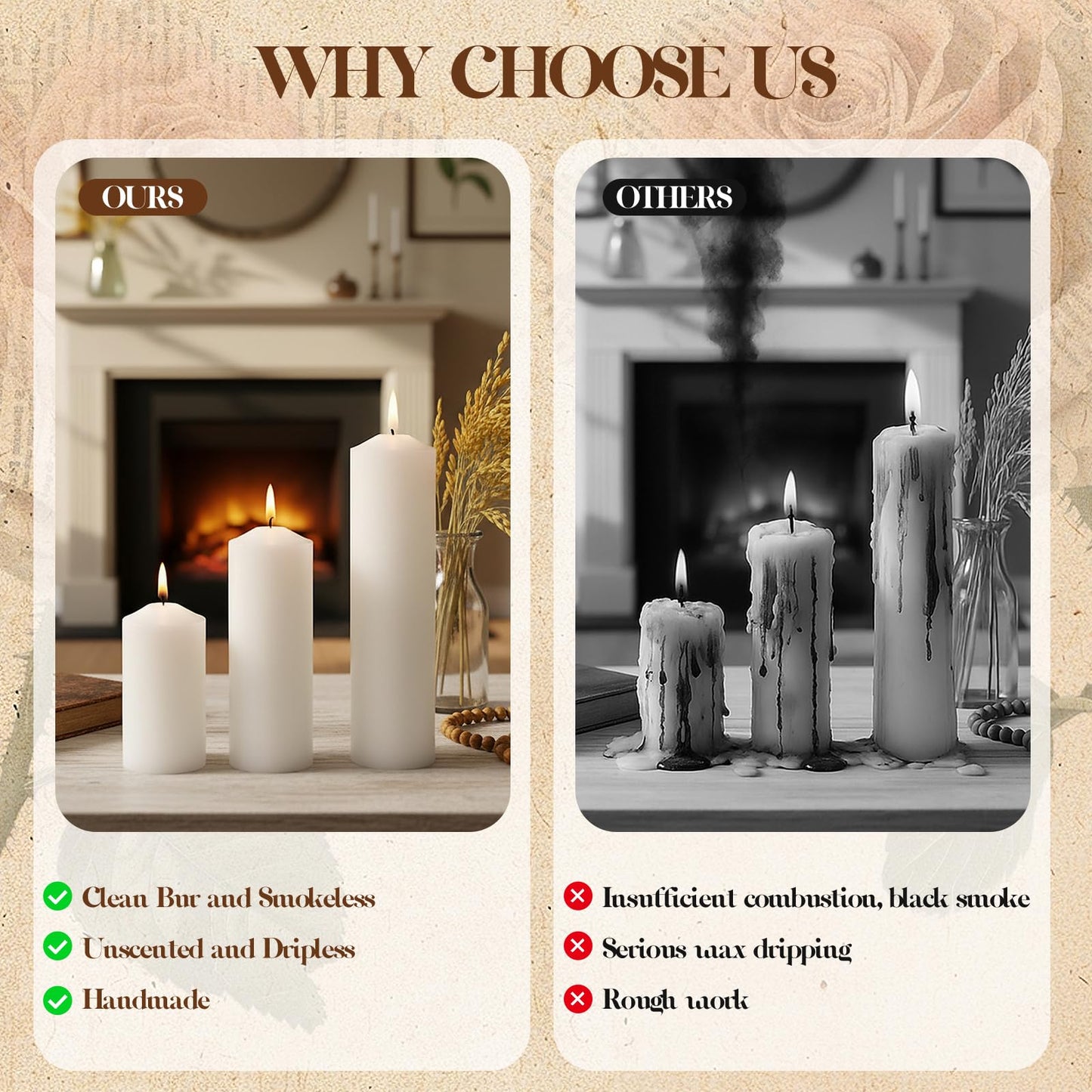 Veiuwa 18 Pcs White Pillar Candles Bulk Set，Hurricane Candles，2x3 2x4 2x6 Inch - 12 Each Size，Dripless Unscented Smokeless，Gives You a Better Atmosphere When Organizing an Event Party.