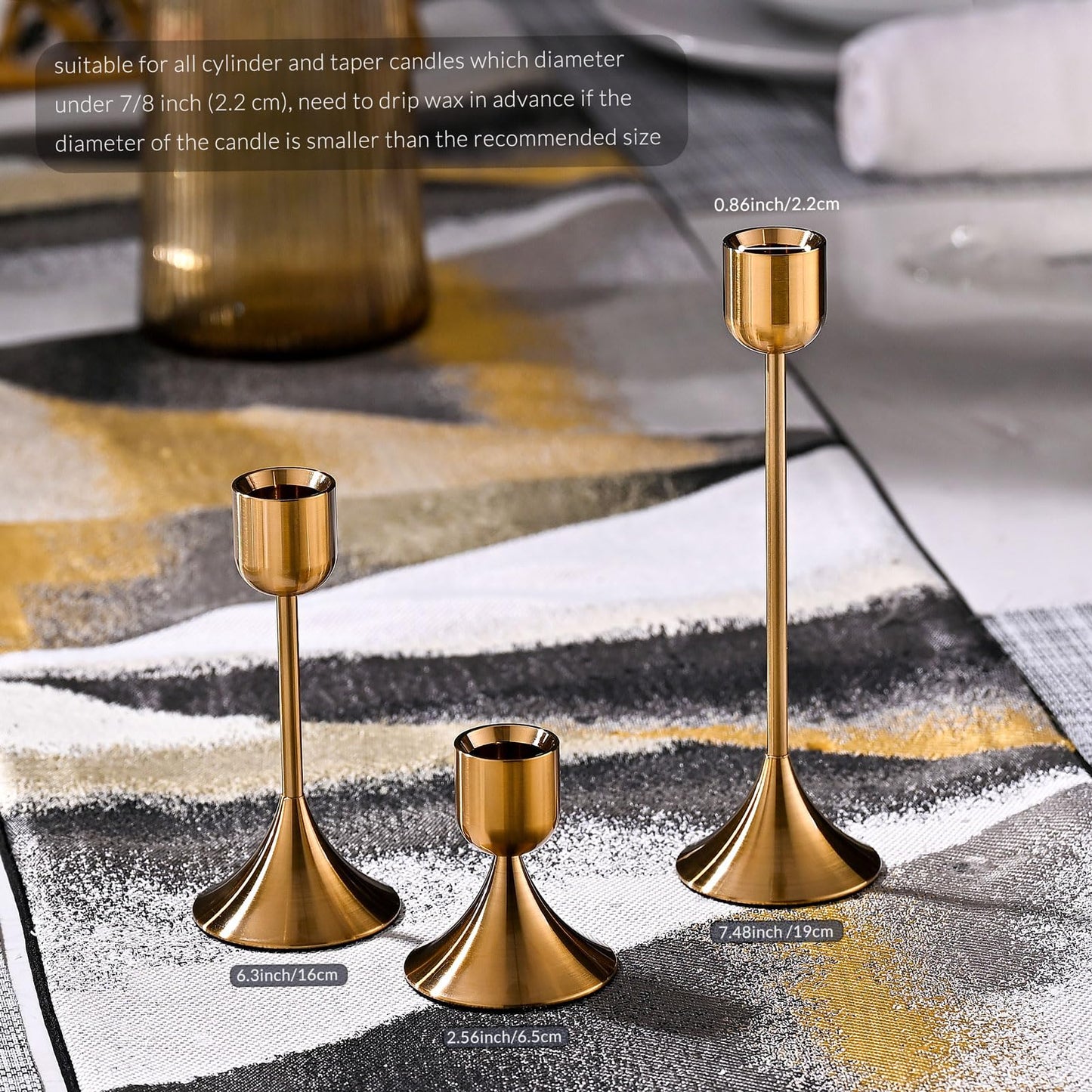 idyllictime Candle Holder Metal Heavy Base for Room Décor Christmas Decorations Party Wedding Halloween Shiny Copper, 1 Set (3 Pcs)