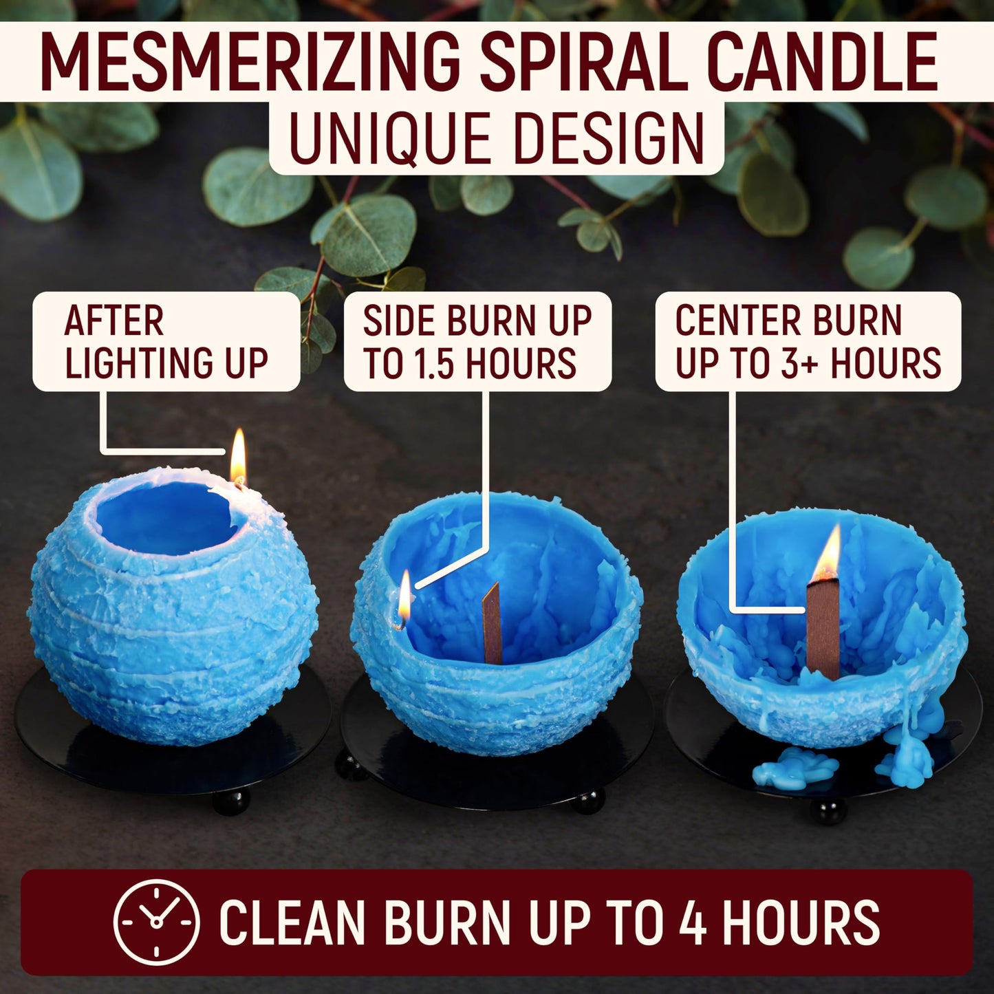 Spiral Candle Burn Around, Unscented Unique Shaped Candle on Metal Base, 4.5" Blue Beeswax Soy Wax Candle, 4h Burn, Twisted Wave Design, Gifts for Him Her, 10oz