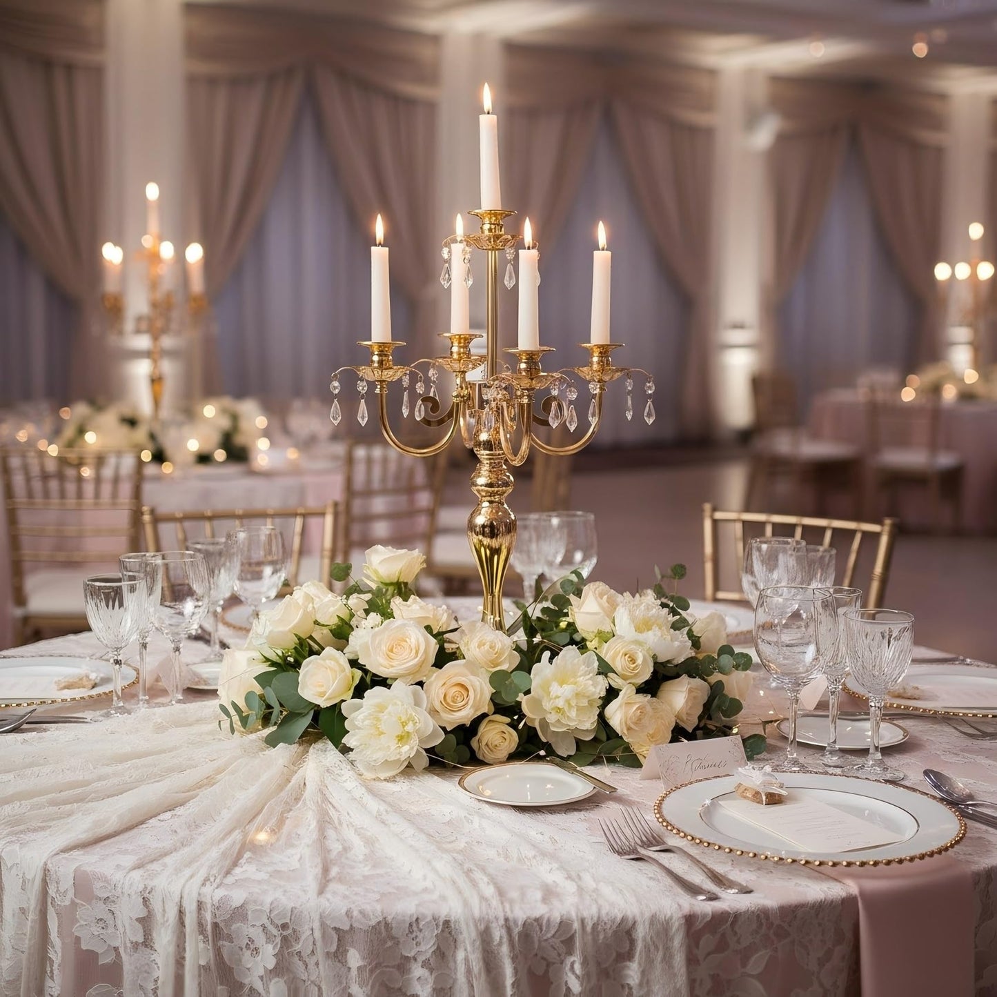 Candelabras Centerpieces for Tables, 20" Tall Candlestick Holder for Taper Candles, 5 Arm Crystal Candelabra Candle Holder for Wedding Centerpiece Decor Party Event Reception Decoration (Gold)
