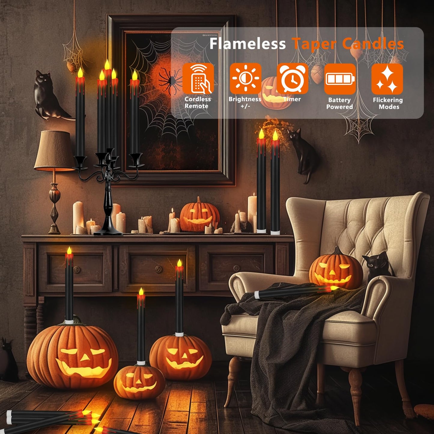 wemarry Flameless Taper Candles 10.6" Dripless Battery Operated Taper Candles Included Remote Timer 400+ Hours by 2AA Batteries for Halloween Christmas Wedding (Black+Burgundy, 6 Pack)