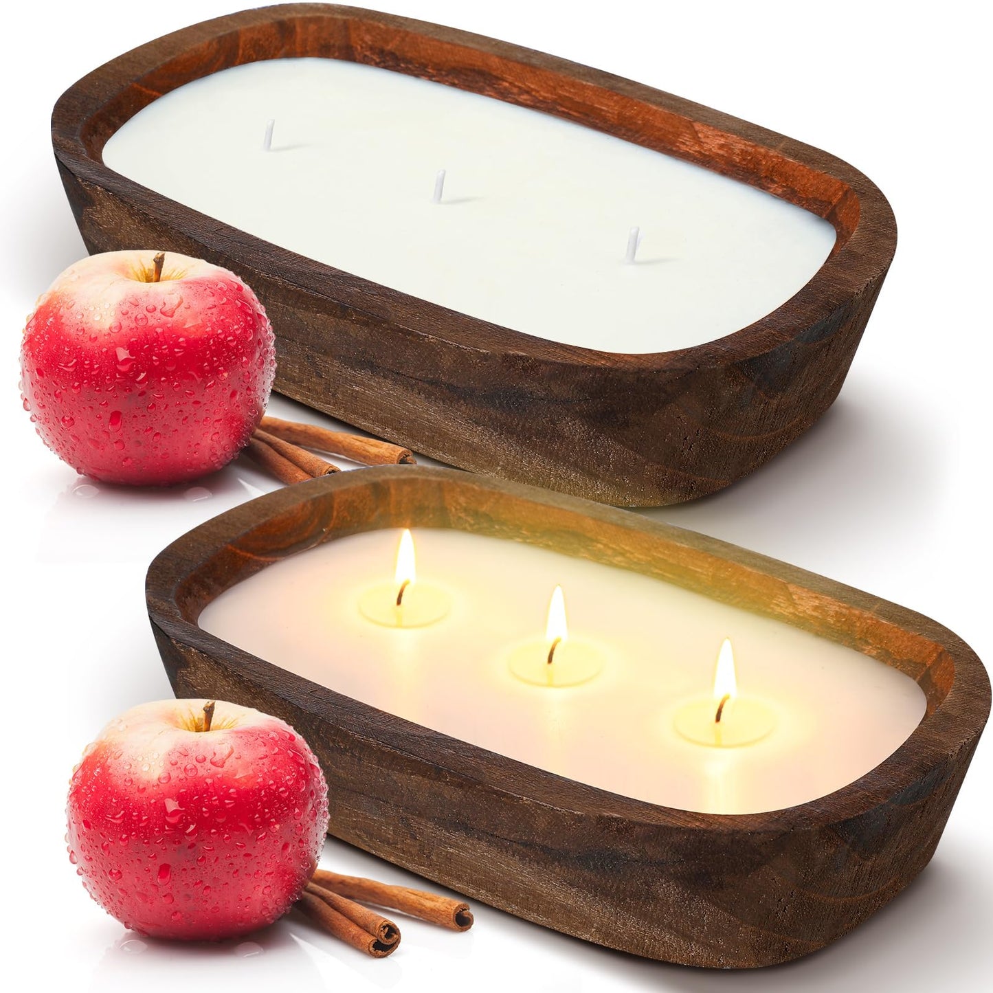Threlaco 2 Pack Wood Dough Bowl Candle Jar Candle Decorative with Wick Scented Candles Soy Gifts for Men Women Farmhouse Table Centerpiece Home(Apple and Cinnamon)