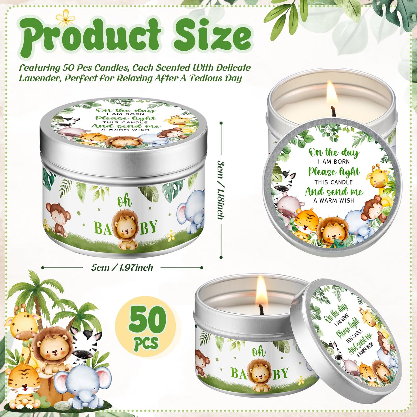 Threlaco 50 Pcs Baby Shower Party Favors Candles Lavender Scented Gender Reveal Candles Bulk for Party Favors Baby Shower Rustic Return Gifts(Jungle Animals)