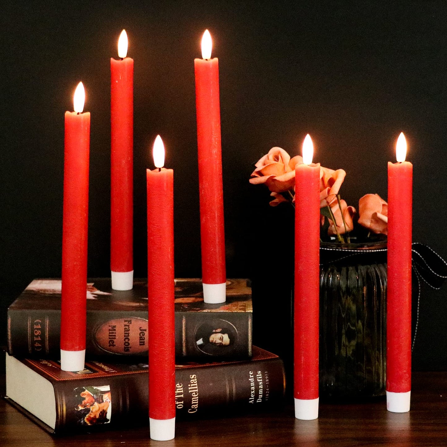 GenSwin Flameless Red Taper Candles Flickering with 10-Key Remote, Battery Operated Led Warm 3D Wick Light Window Candles Real Wax Pack of 6, Christmas Home Wedding Decor(0.78 X 9.64 Inch)