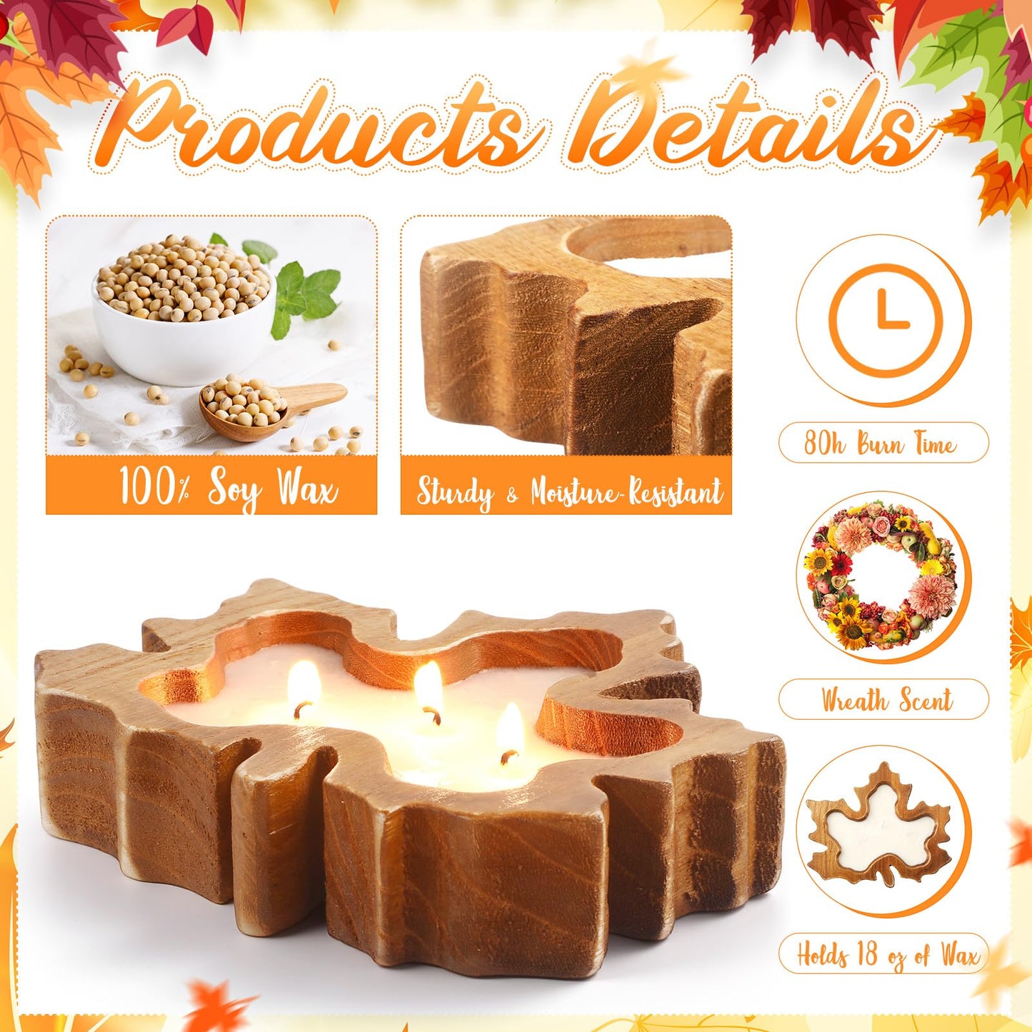 MTLEE 2 Pack Fall Wood Dough Bowl Candle, 8" Rustic Wooden Scented Candles, Farmhouse Autumn Decor for Thanksgiving Table, Home, Cozy Fall Gifts for Friend, Family(Wreath Scent,Maple Leaf)