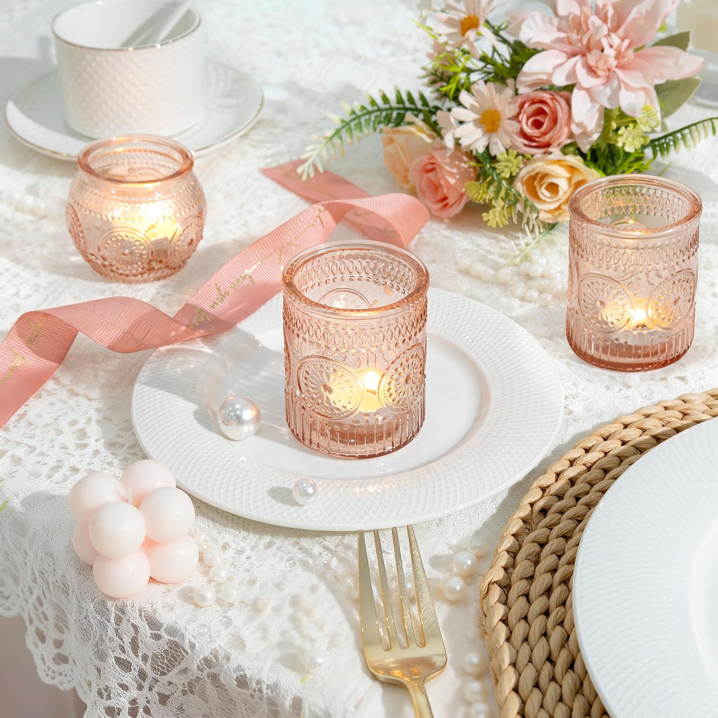 WELLIFE 24-Piece Pink Glass Votive Candle Holders Set – Tealight Candle Holder Glass Bulk with 12 Round & 12 Sunflower Textured Cups, Pink Votive Candle Holders for Weddings, Parties, Home