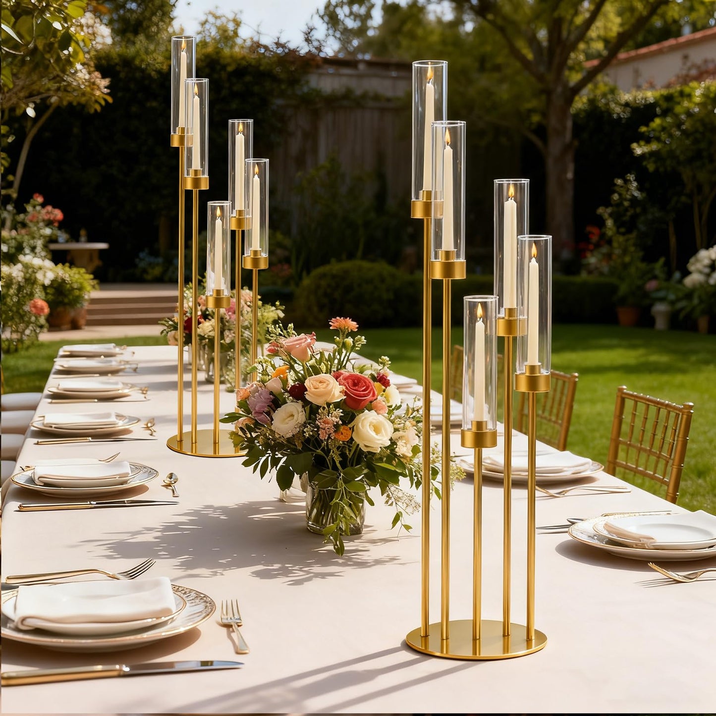 42.5in Gold Candle Holders for Table Centerpiece Candelabra Candlestick Holders Decor Wedding Centerpiece Table Decorations 5 arm Candle Holder Set of 10 Acrylic lampshade Fit 0.9" LED Candle