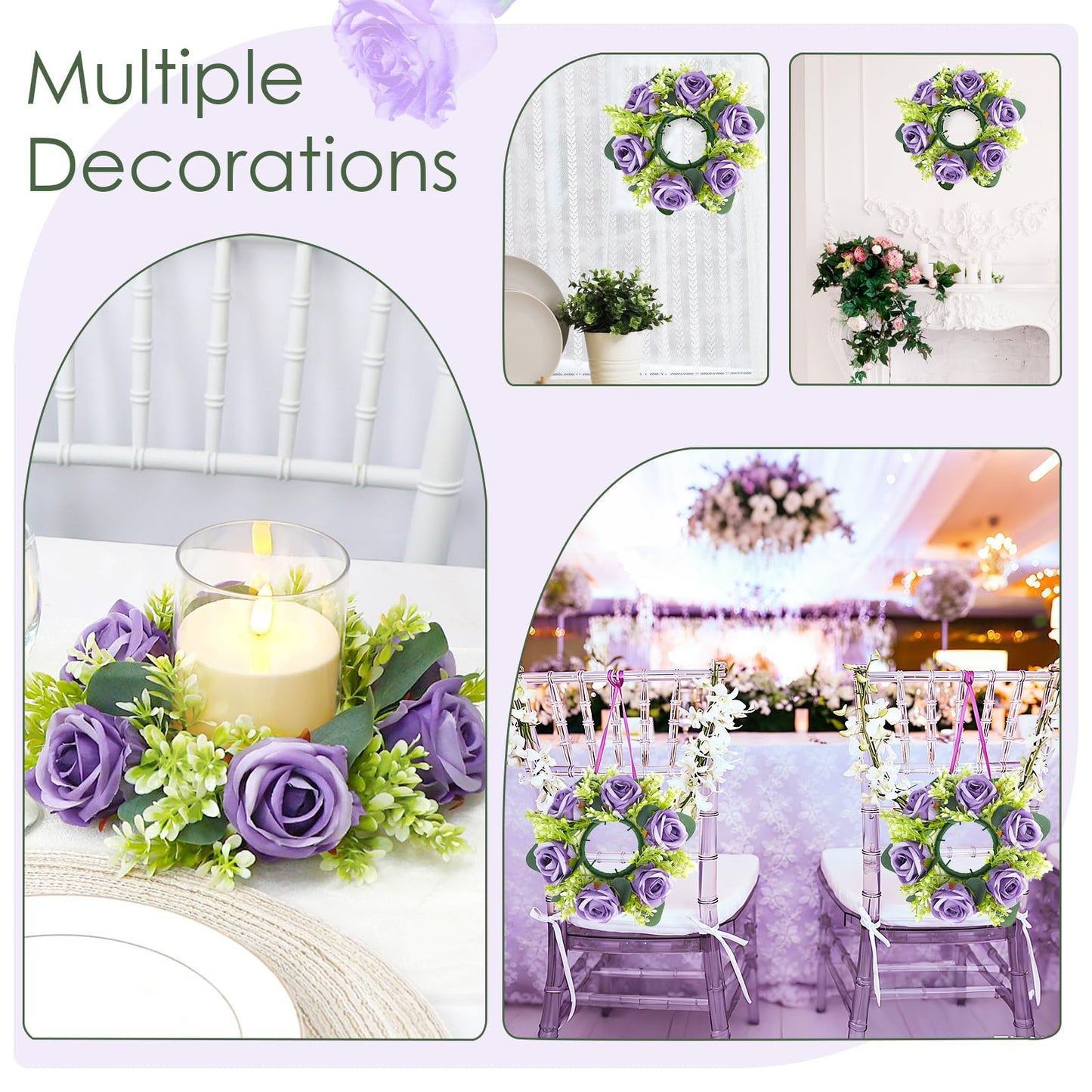 Acmee Purple Rose Candle Rings with Flameless Candles Sets - 12PCS Artificial Flower Eucalyptus Wedding Centerpiece 3 Inch Pillar Candleholders Wreaths for Wedding Party Decor (Purple - 6 Sets)