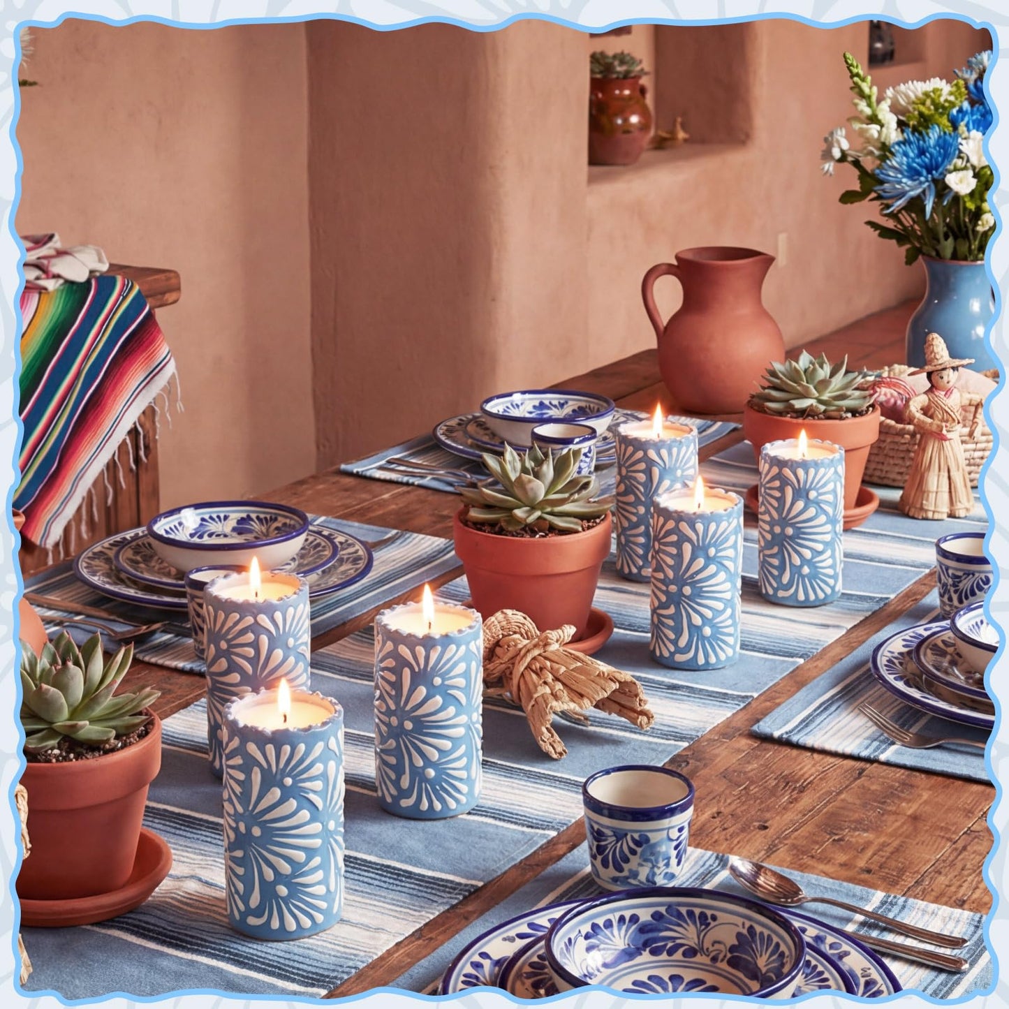Lounsweer 4 Set Cielito Lindo Party Decorations Mexican Tequila Candle Talavera Mugs Candle for Fiesta Cinco De Mayo Birthday Bridal Shower Bachelorette May 5th Party Home Decor(Blue)