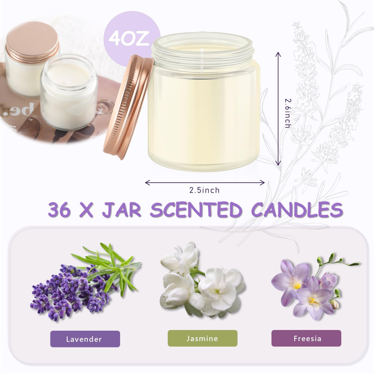 ACITHGL 36 Pcs 4oz Mini Mason Jar Candles Small Scented Candles Bulk Aromatherapy Ideal Souvenir Favors for Wedding Birthday Party (Freesia, Lavender, Jasmine, Pink)
