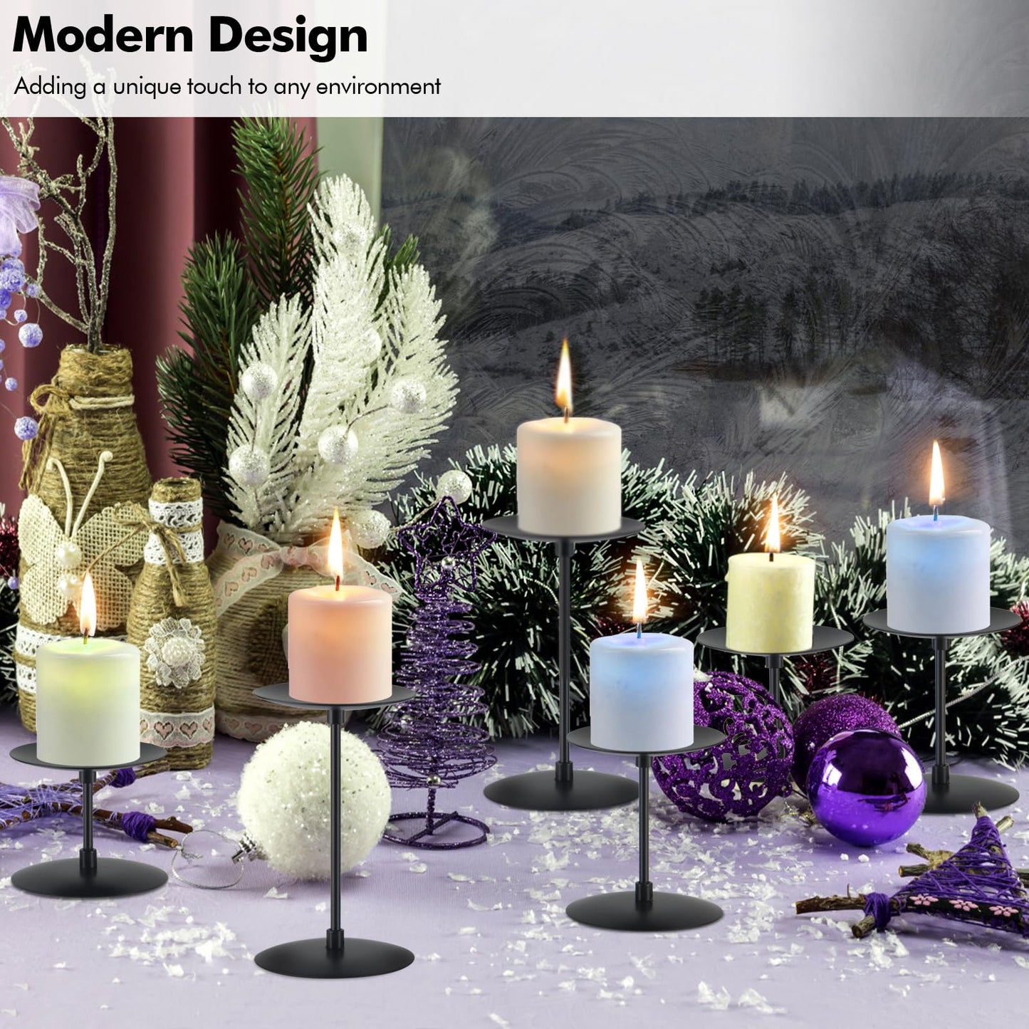 Lunhoo Set of 6 Candle Holders, Metal Pillar Candle Stand for Tabletop Wedding Party Event Birthday Anniversary (Black)