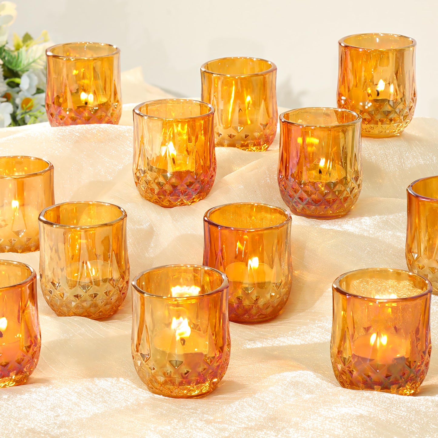 12 Pcs Votive Candle Holders, Amber Glass Tea Lights Candle Holder in Bulk for Table Centerpiece, Tealight Candle Holders for Wedding, Party, Home, Bridal Shower, Birthday