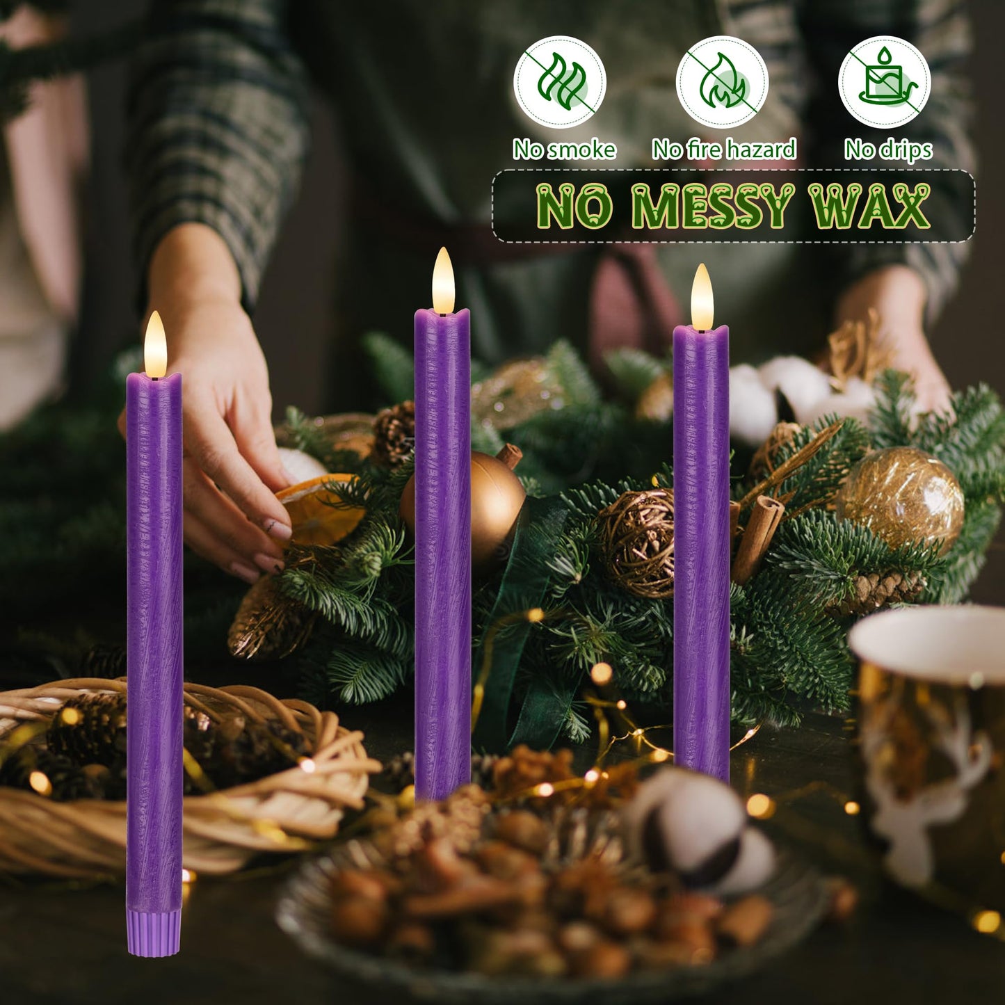 AFINETH Purple Flameless Taper Candles with Remote, 6 Pack Real Wax Battery Operated Candles, 9.6 Inch Flickering Led Christmas Candlesticks Decorations for Winter Home Holiday Xmas Gift