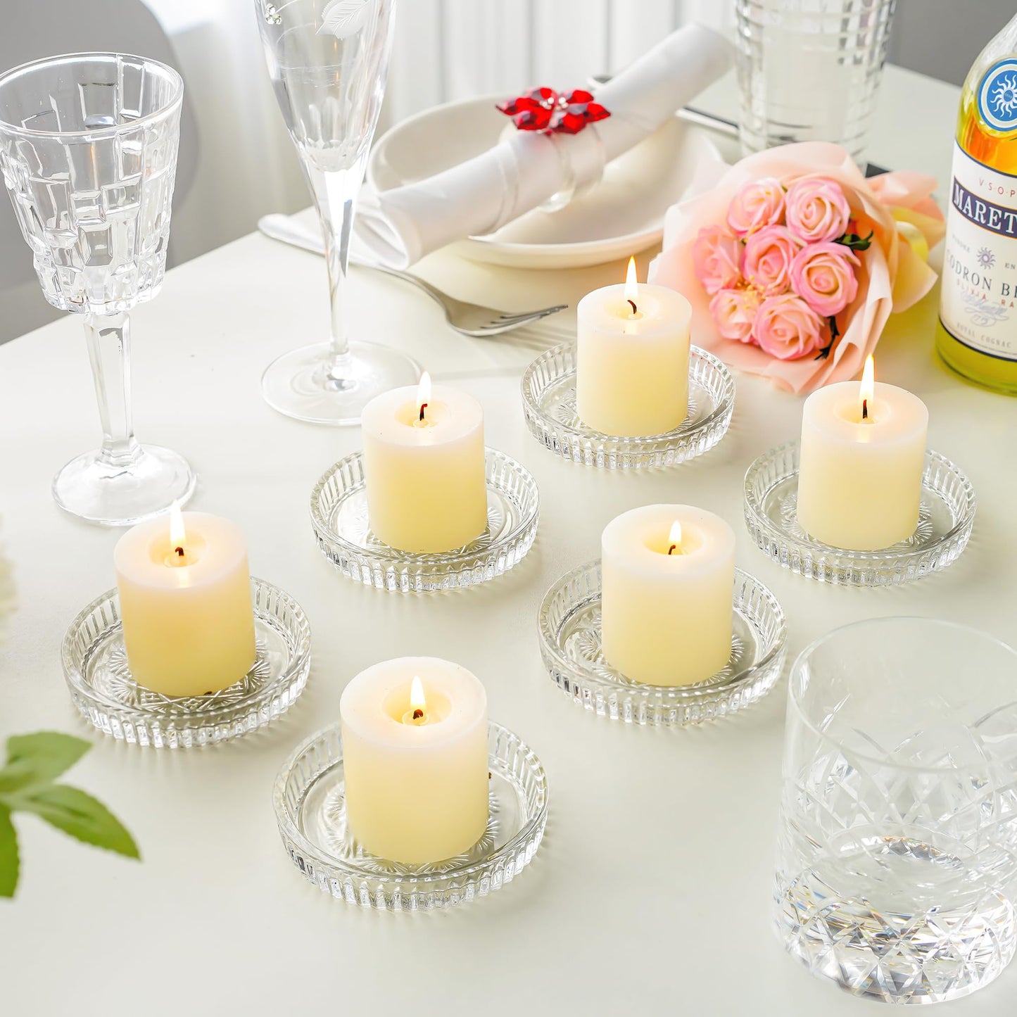 kanpura Round Glass Candle Holder Plates Clear Glass Snowflake Pattern Votive Candle Holder Plates Glass Coasters for Christmas Winter Party Table Decor, Set of 6