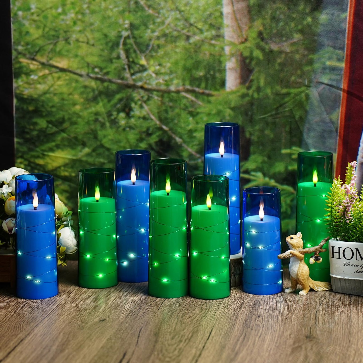 Eebuss Flameless Candles with Embedded Star String, Battery Operated LED Pillar Candles with Timer and Remote Control,Home Decorating for Ambiance， Set of 7 (Blue)