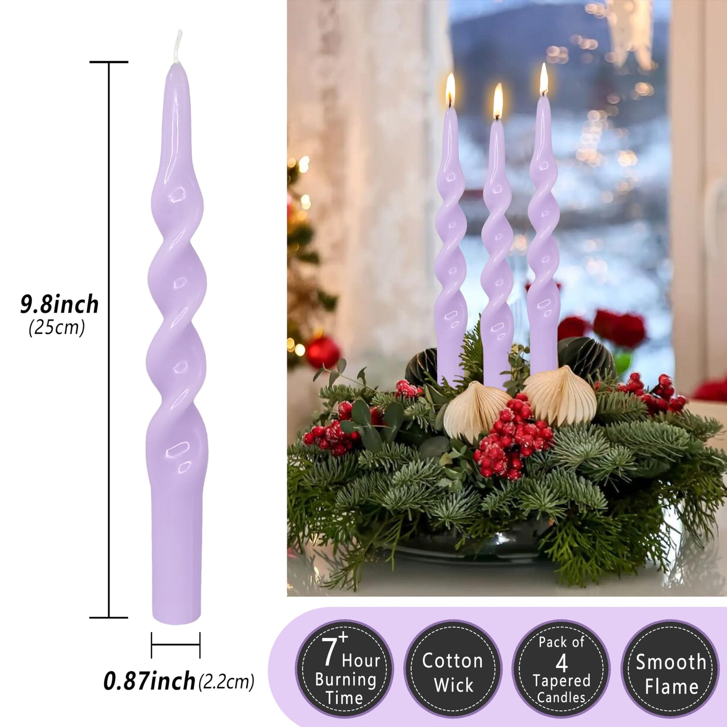 Spiral Taper Candles Twisted Candlesticks -10 INCH Purple Candle Sticks Long Tapered Candle Unscented Candle for Home Dinner Holiday Wedding Party
