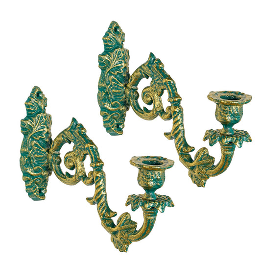 Sungmor Set of 2 Ornate Cast Iron Wall Candle Sconces,Distressed Green with Gold Accents,Vintage Taper Candle Holders,Decorative Wall-Mounted Sconces for Living Room,Bedroom and Farmhouse Decor