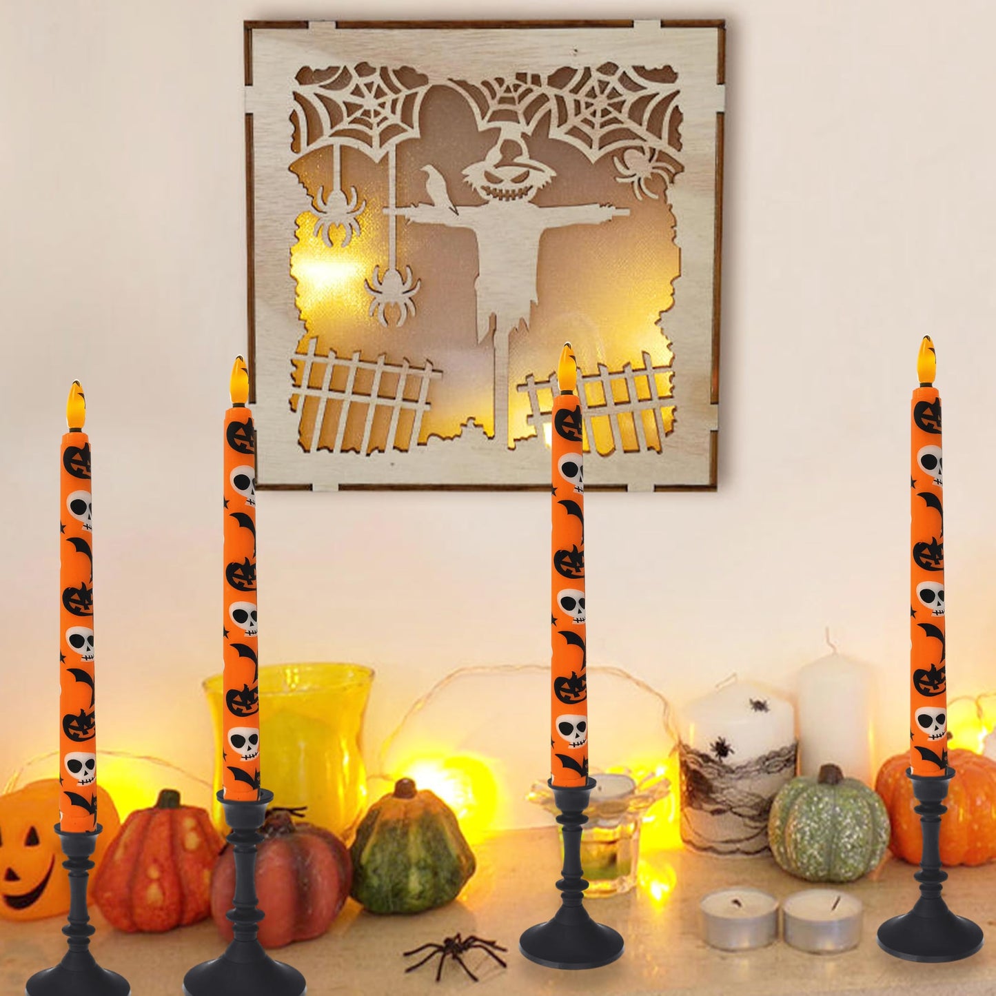 FCMSHAMD 6PCS Halloween Orange Flameless Taper Candles, 11 Inch LED Candlesticks Battery Operated with 11-Key Remote and Timer, 3D Flickering Flame Lights for Wedding Party Home Decor Gifts