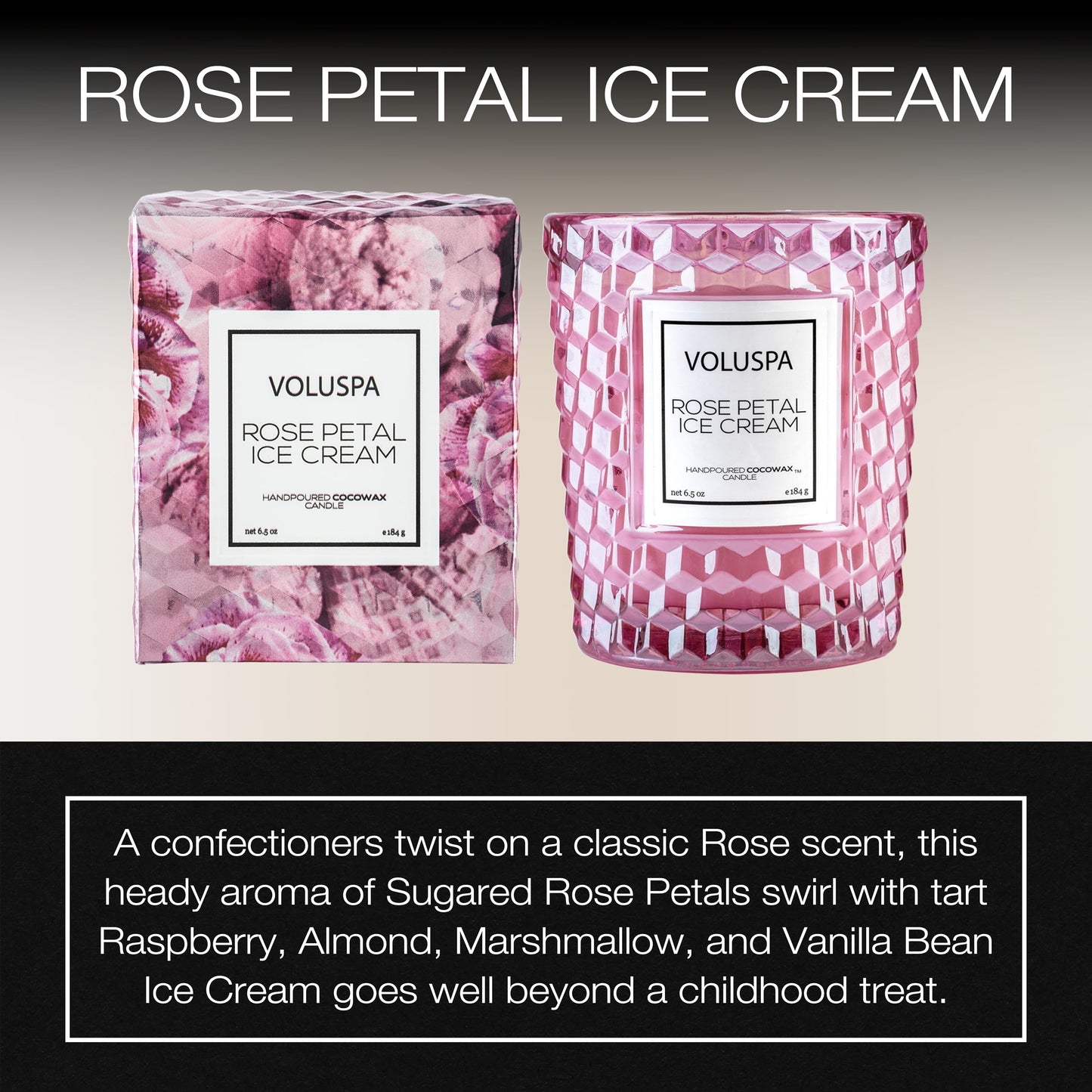 Voluspa Rose Petal Ice Cream, Classic Candle Jar, 6.5 Ounce, 40 Hour Burn Time, Coconut Wax for Clean Burning, Handcrafted in the USA