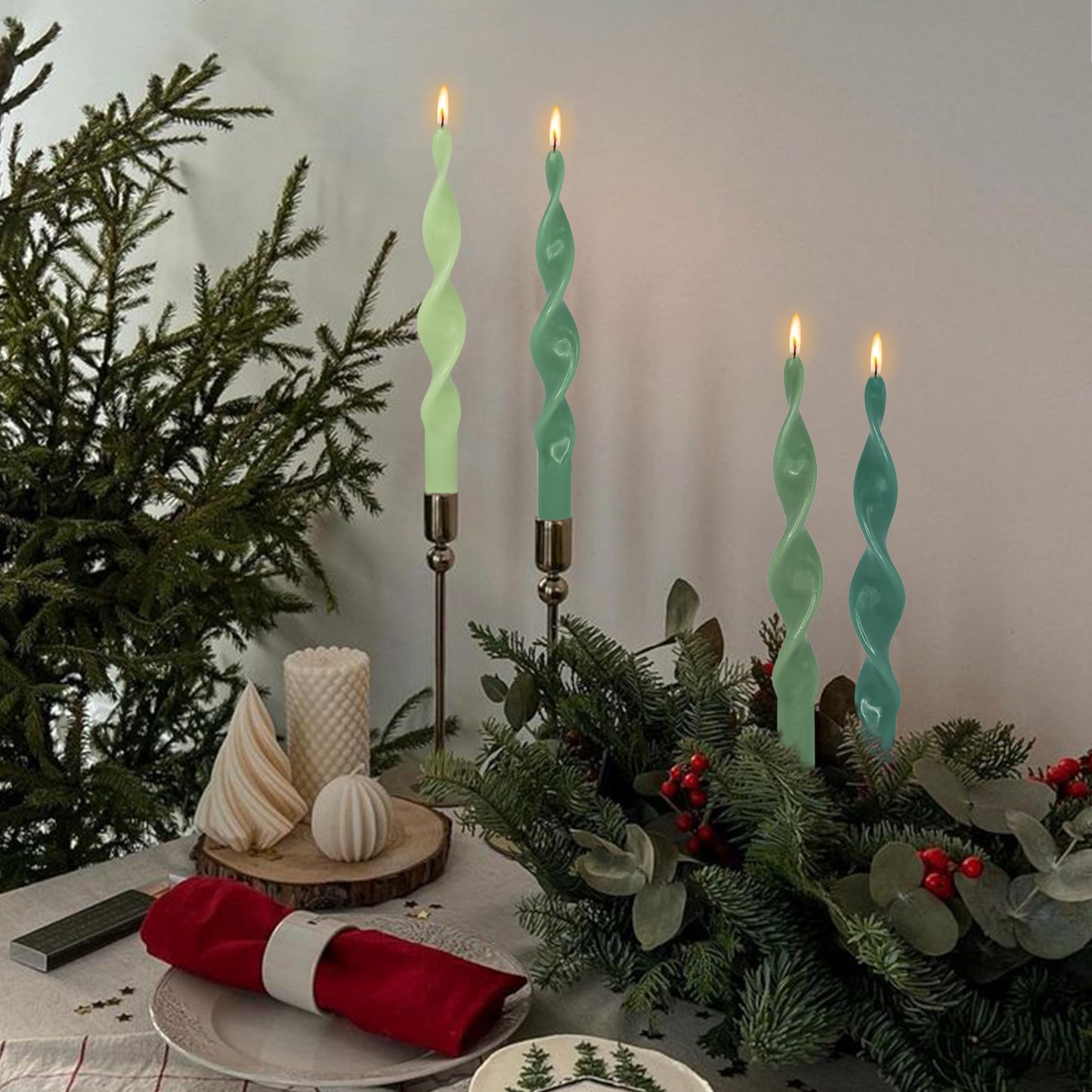 Smokeless Spiral Candles Gradient Green 10 Inch Long Twisted Candles Handmade Unscented Dinner Taper Candles for Wedding Decoration Christmas Gifts